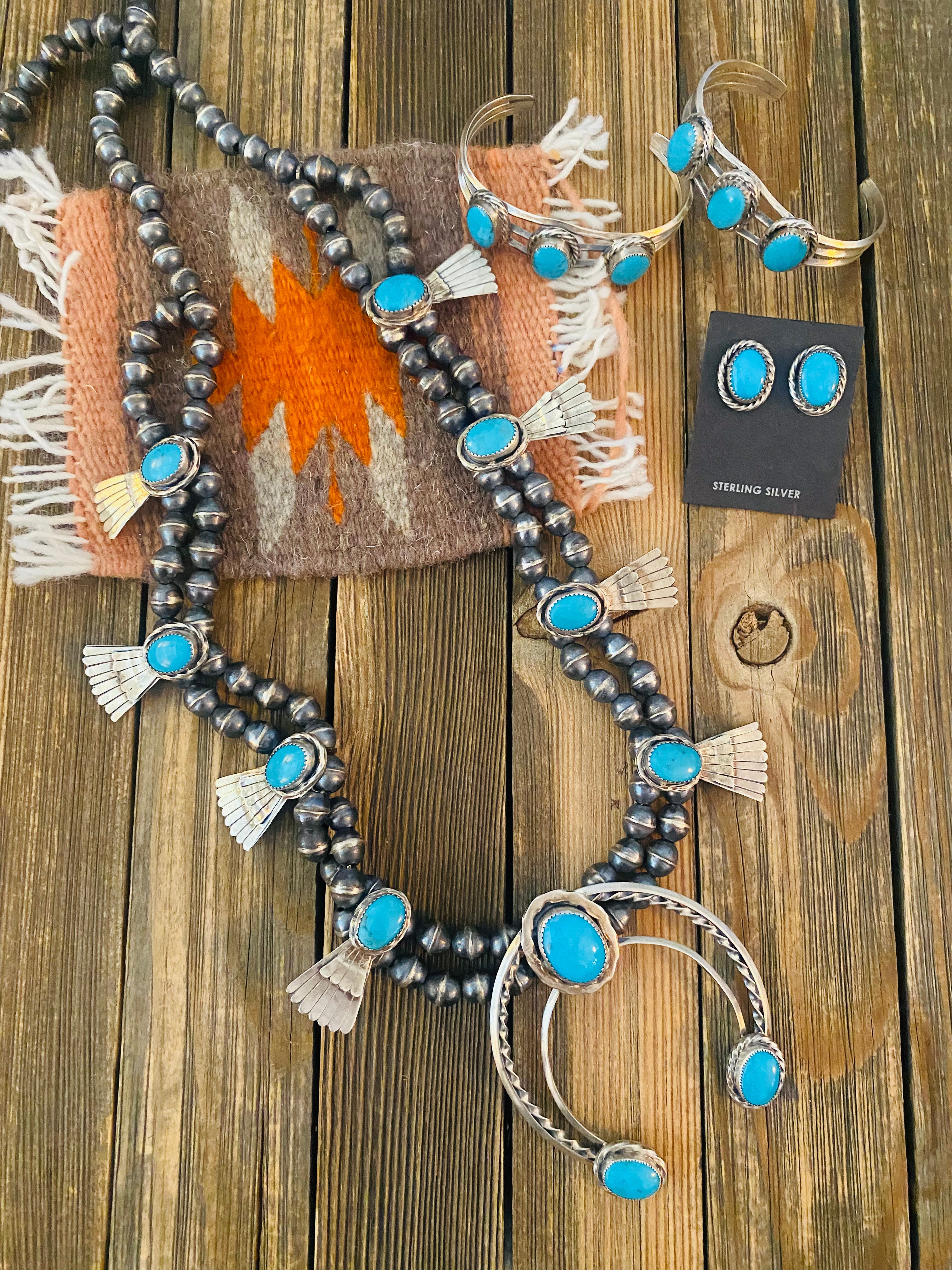 Old Pawn Vintage Navajo Turquoise And Sterling Silver 4 Piece Set