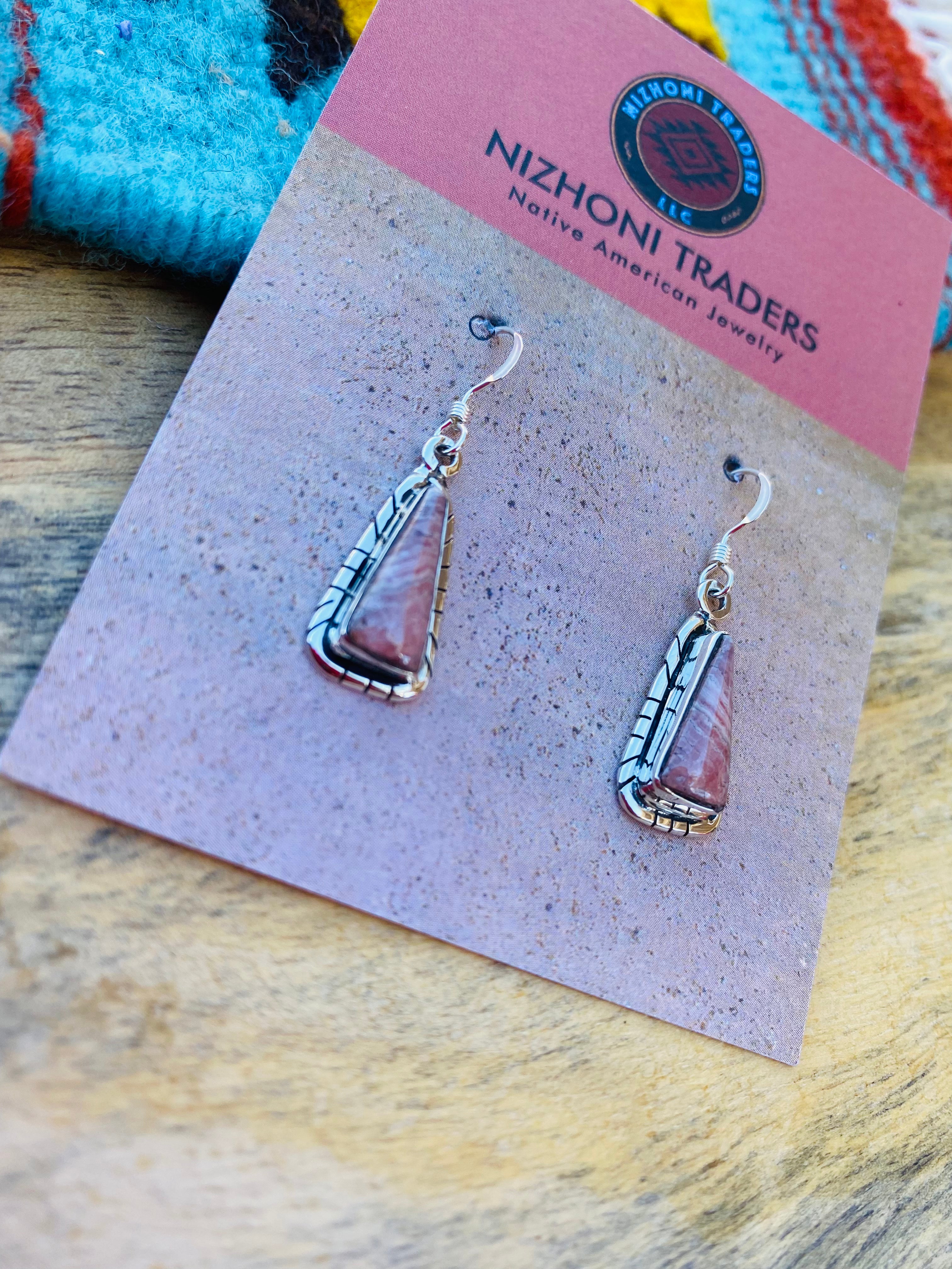 Navajo Sterling Silver & Rhodochrosite Dangle Earrings