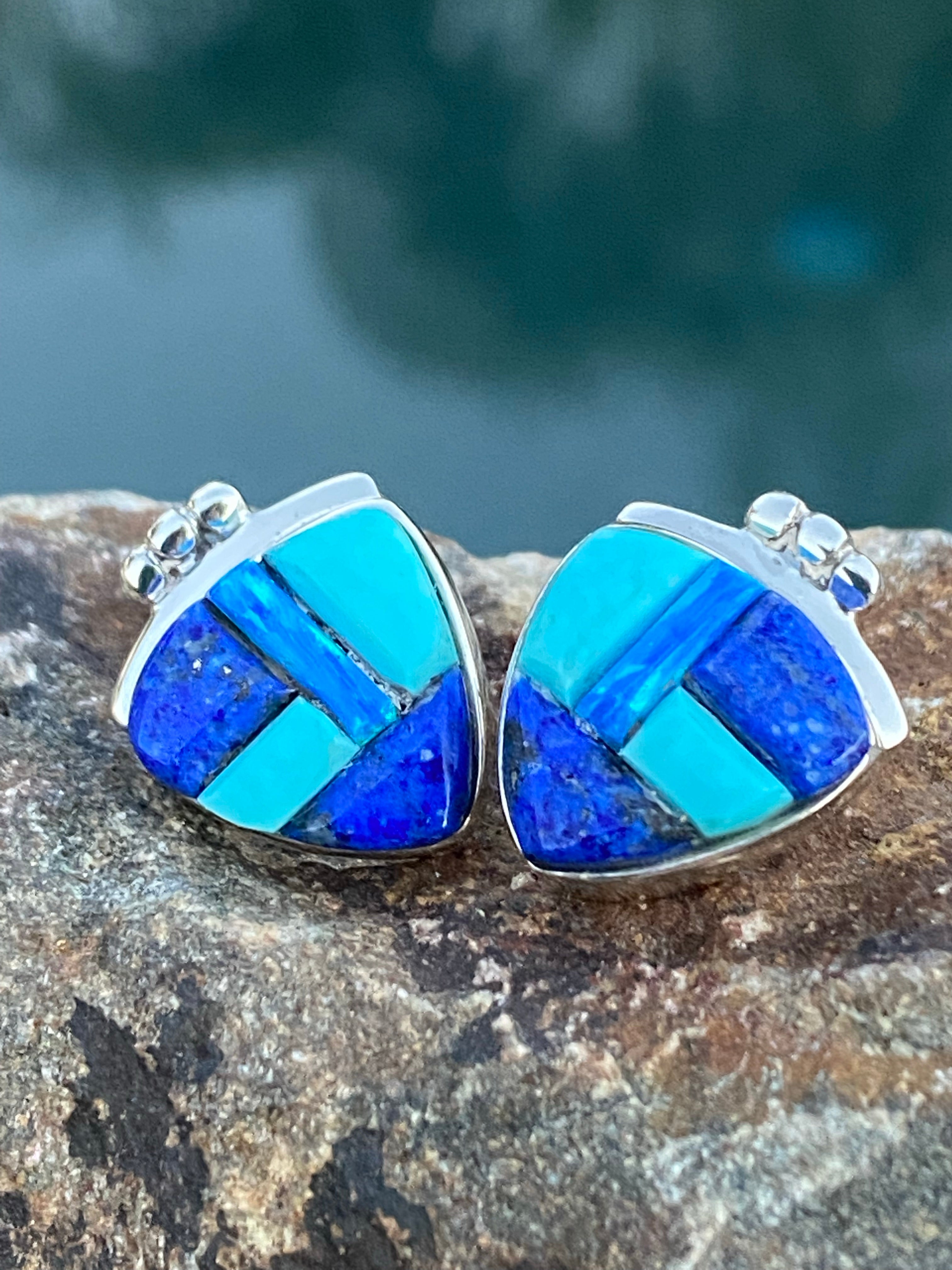 Navajo Lapis, Turquoise, Blue Sterling silver Rolled Berry Stud Earrings