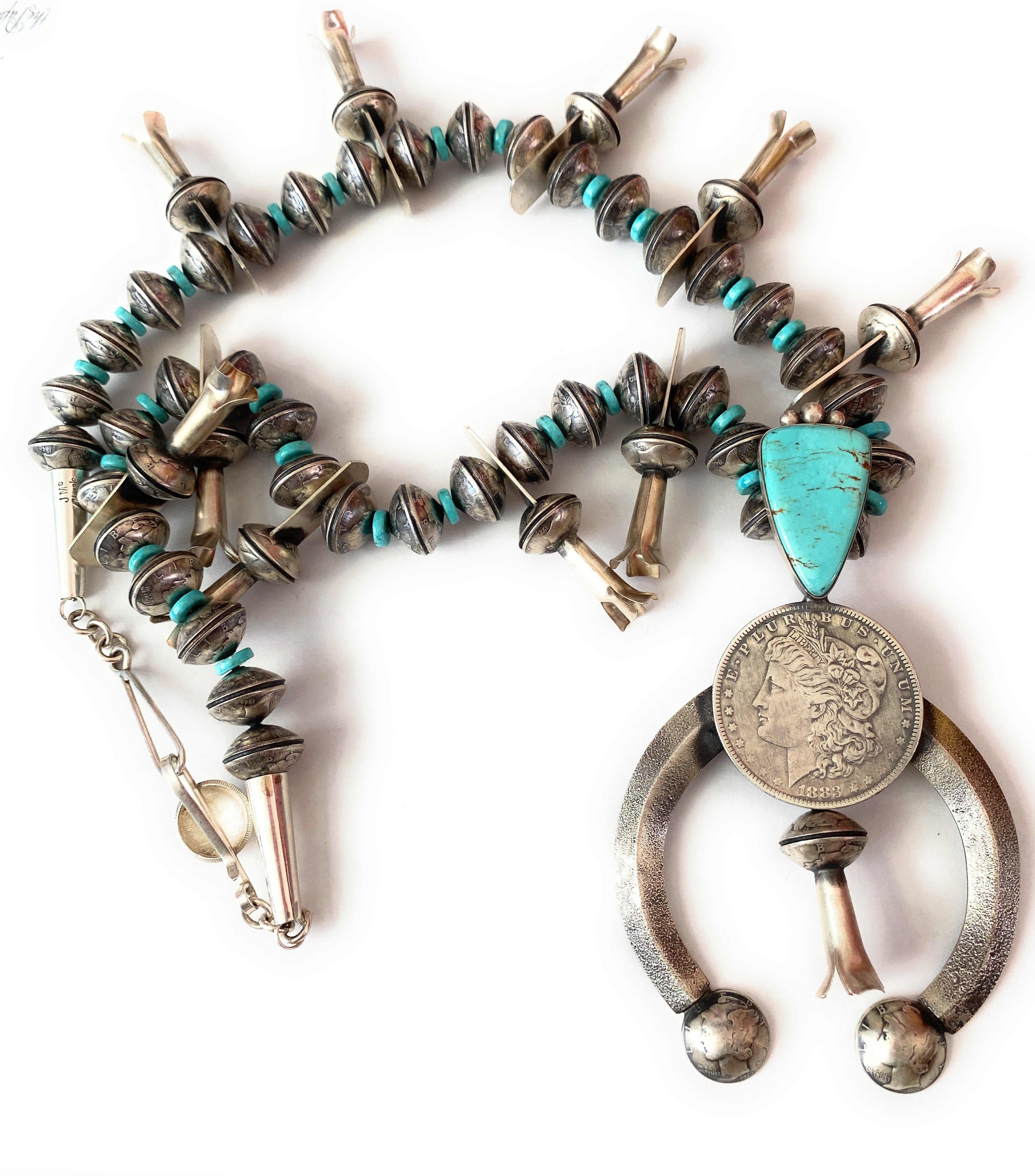 Navajo James McCabe Turquoise & Sterling Silver Liberty Dime Squash Blossom Necklace