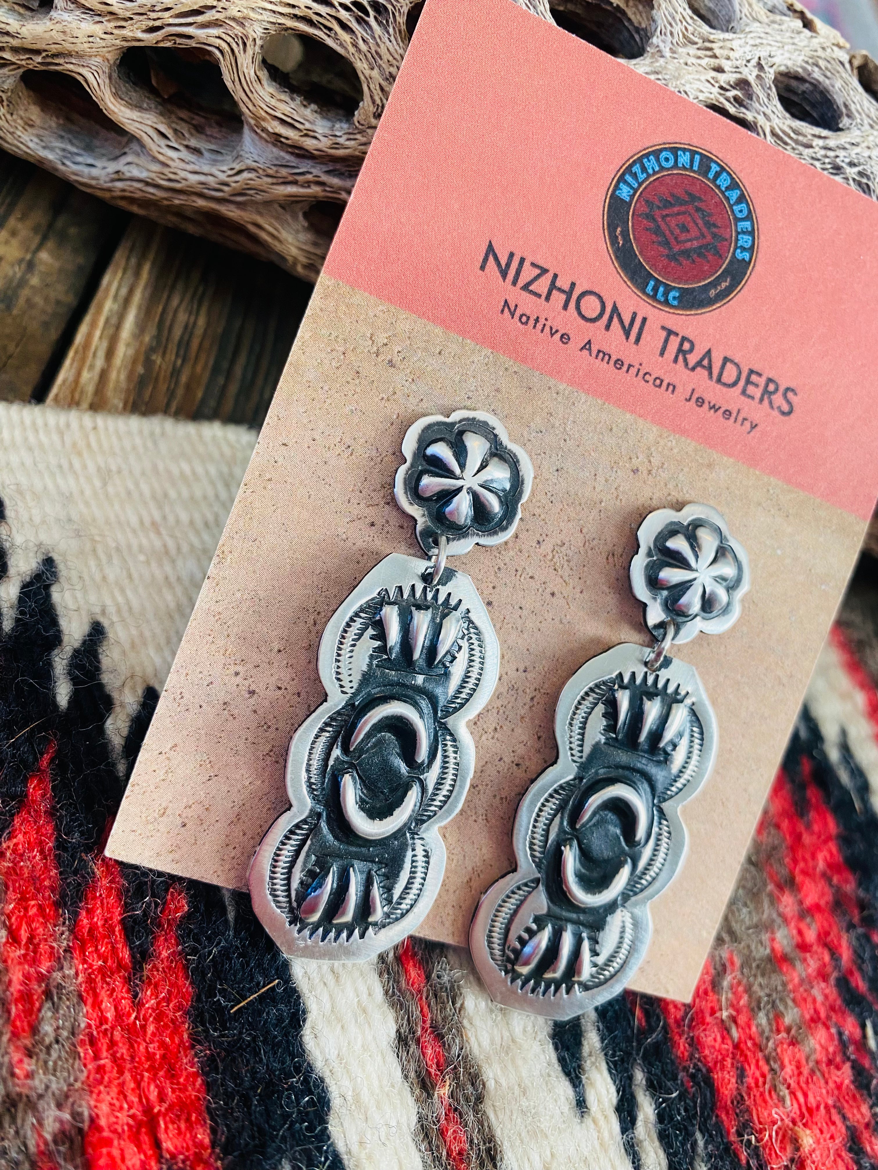 Navajo Sterling Silver Concho Dangle Earrings By Leander Tahe