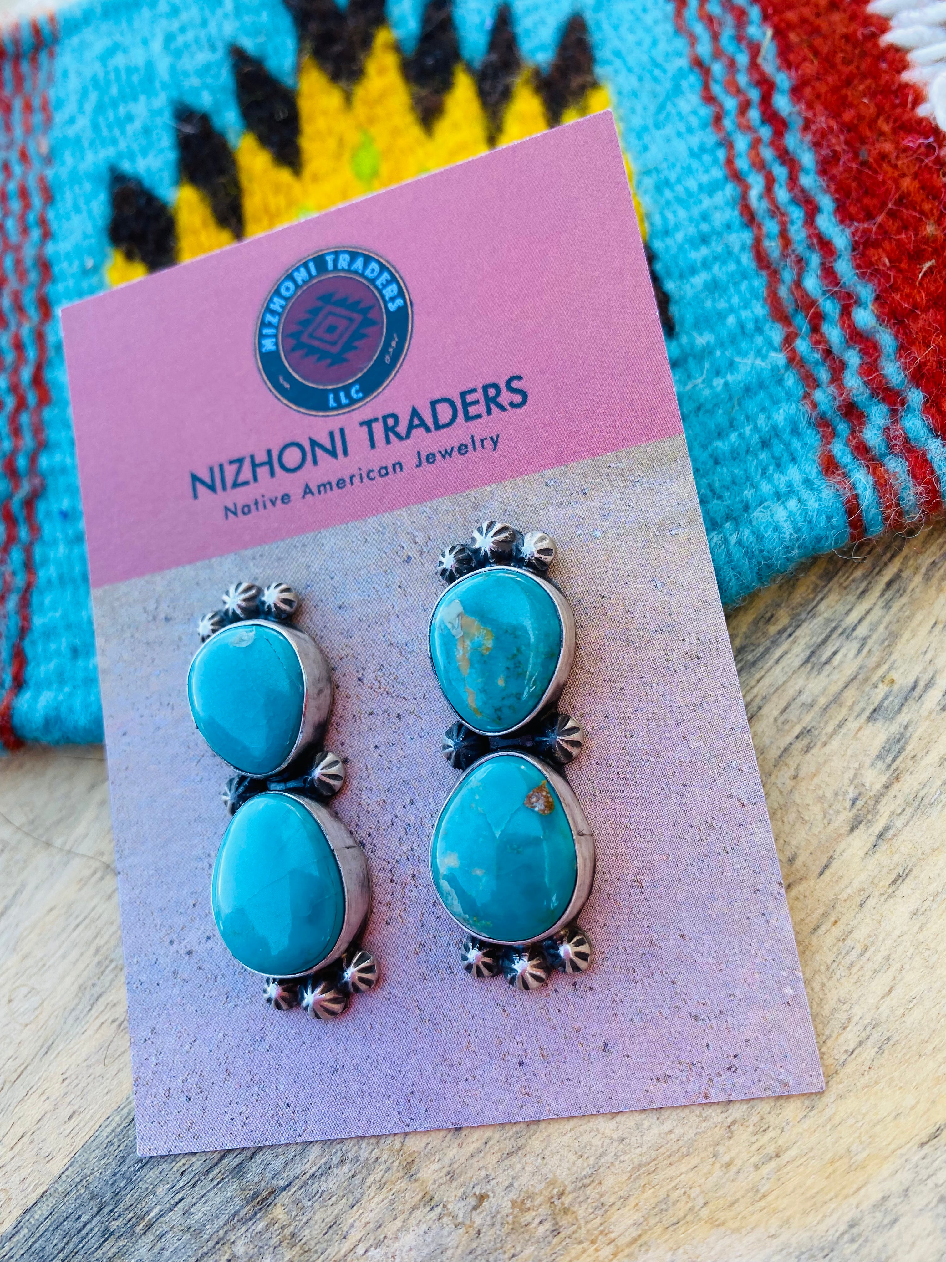 Navajo Sterling Silver & Royston Turquoise Post Earrings Signed