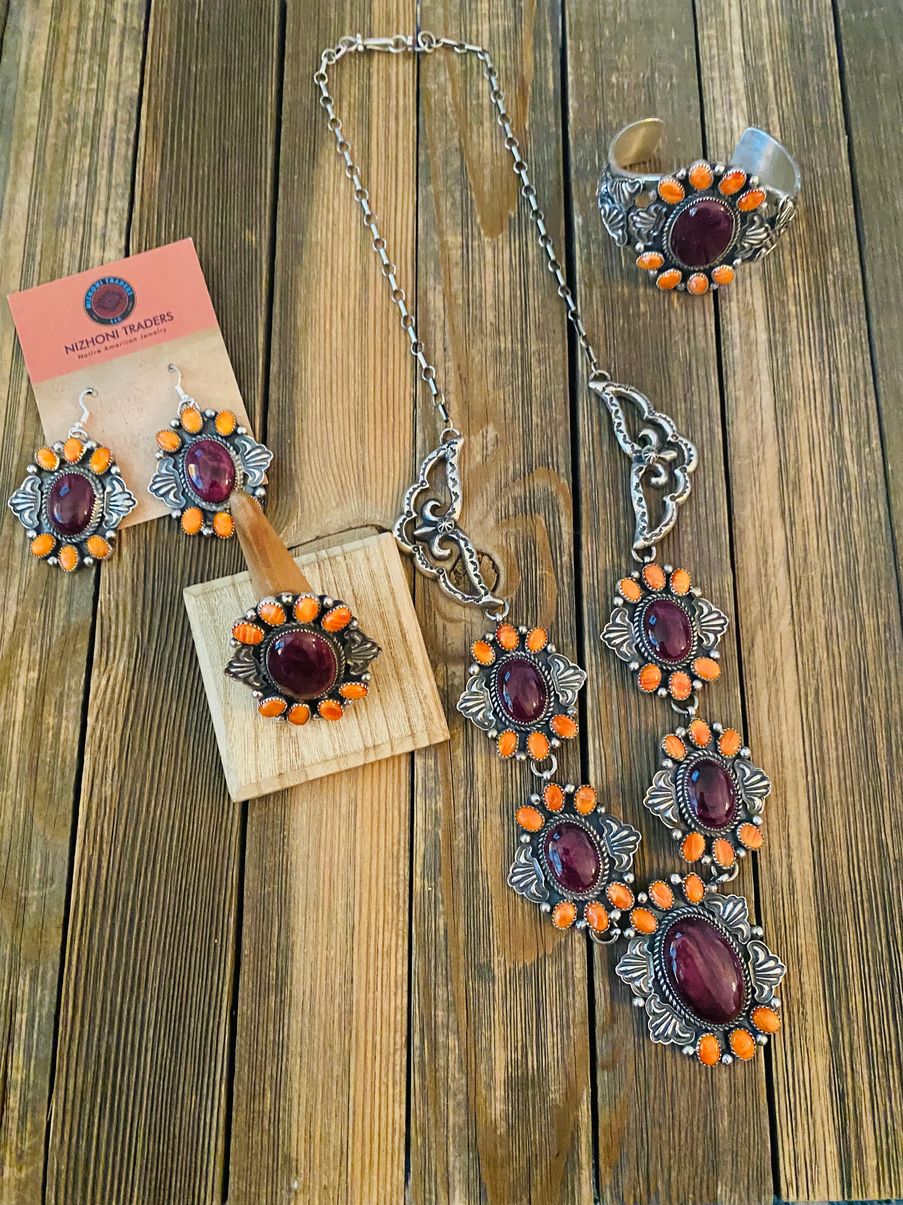 Navajo Multicolor Spiny And Sterling Silver 4 Piece Set by Kevin Billah