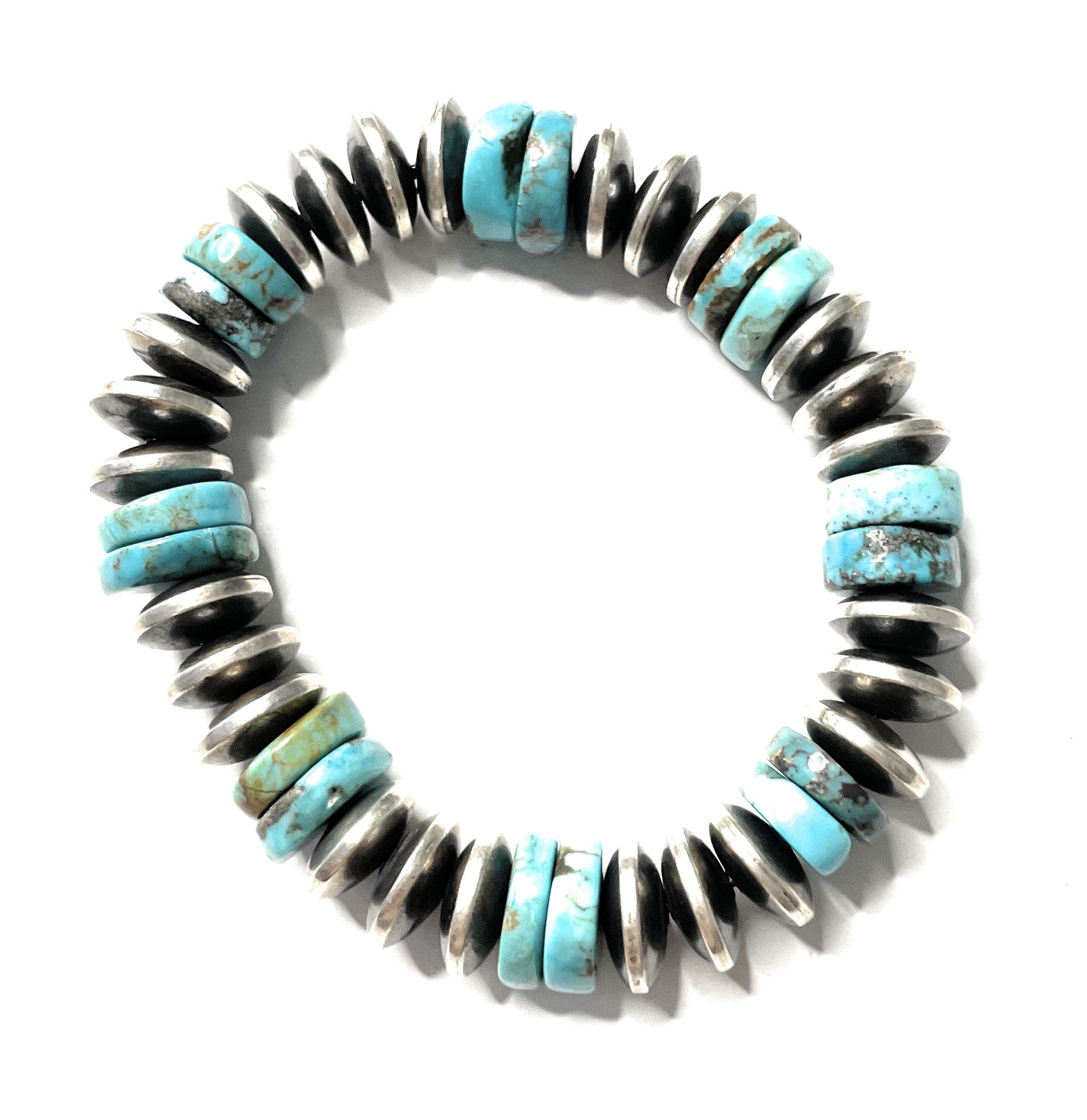 Navajo Sterling Silver Stretchy Natural #8 Turquoise Beaded Bracelet