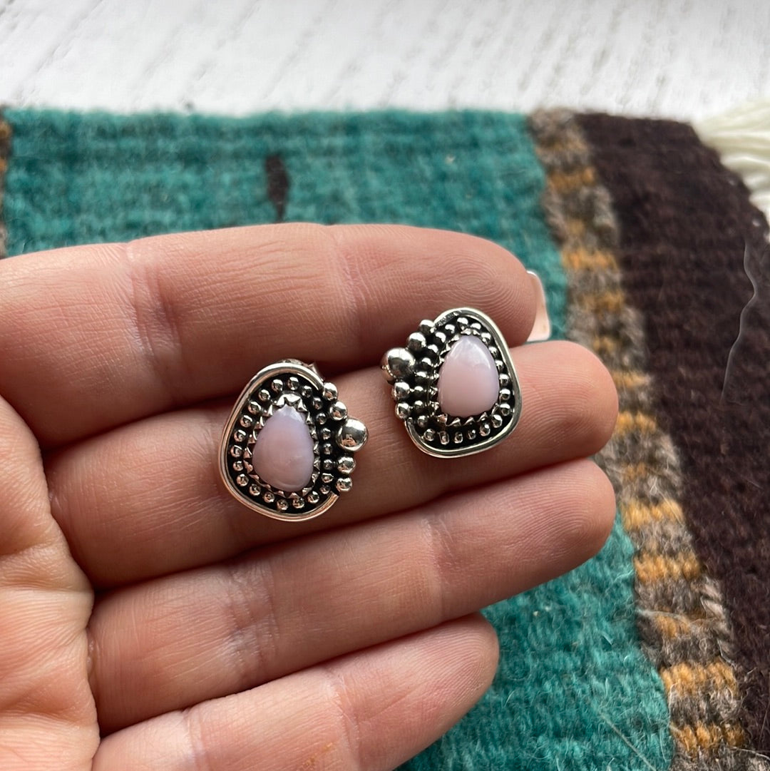 Handmade Sterling Silver Pink Opal Stud Earrings Signed Nizhoni