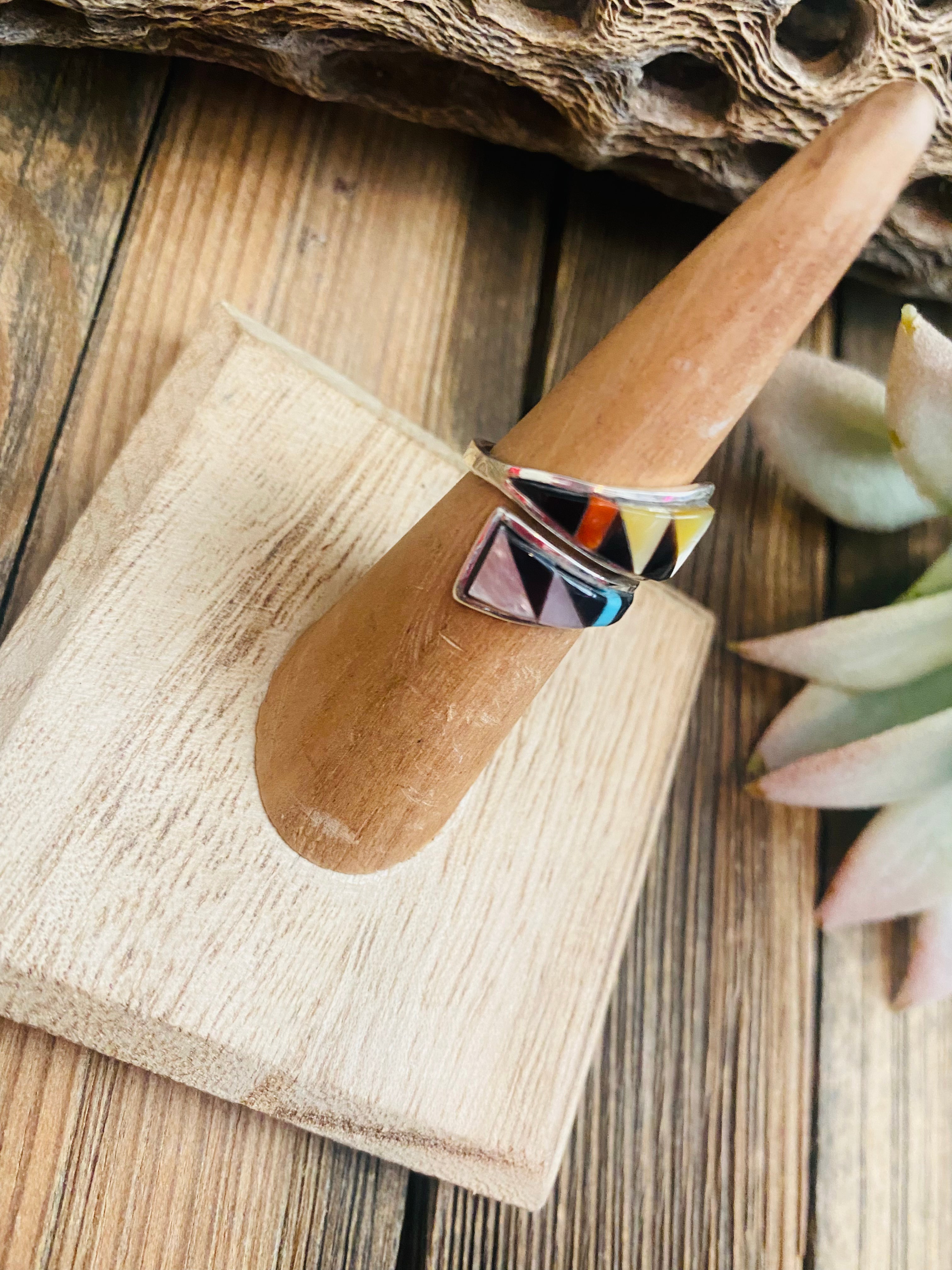 Zuni Sterling Silver & Multi Stone Inlay Adjustable Ring