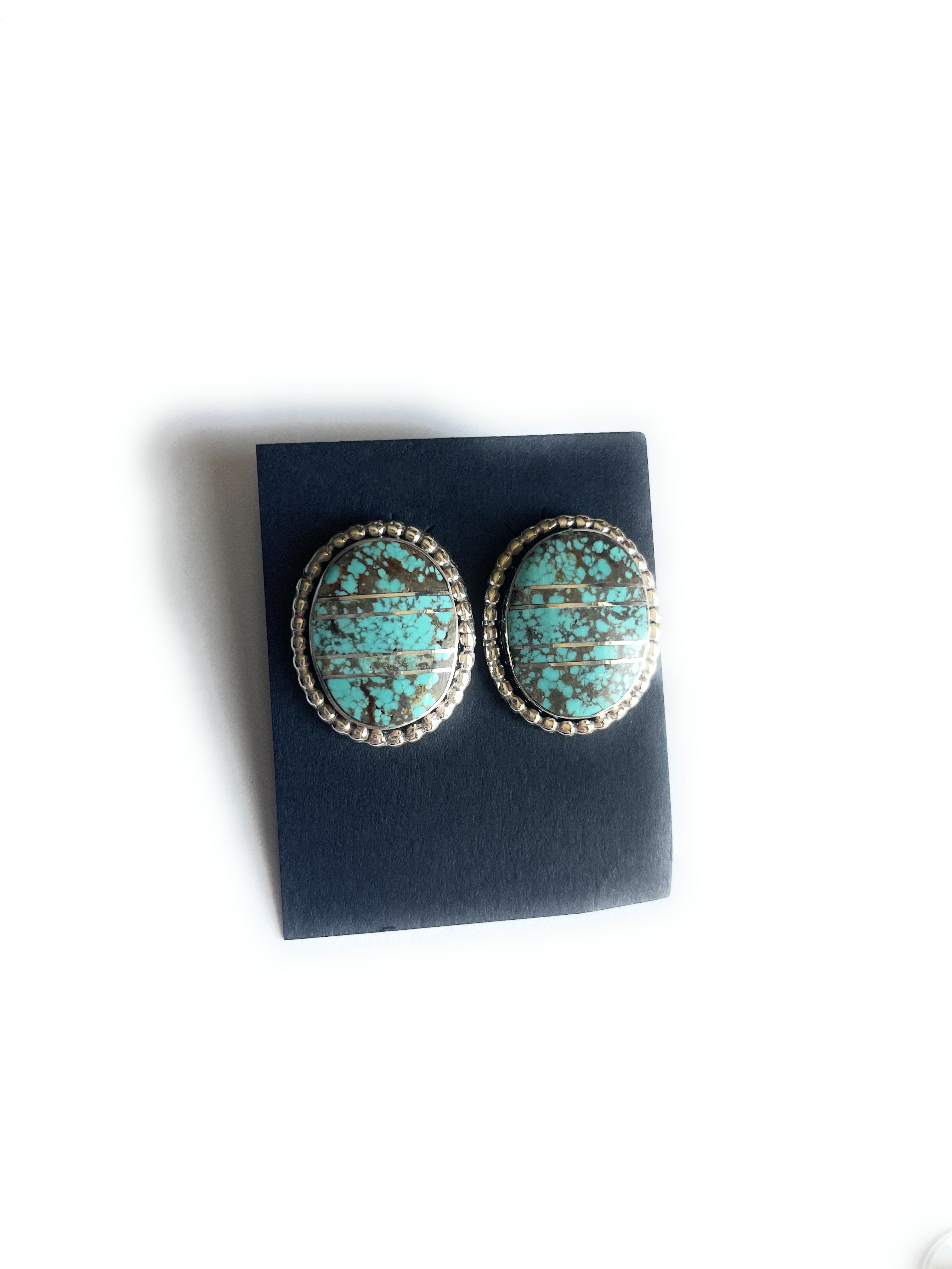 Navajo Number 8 Turquoise Inlay & Sterling Silver Stud Earrings