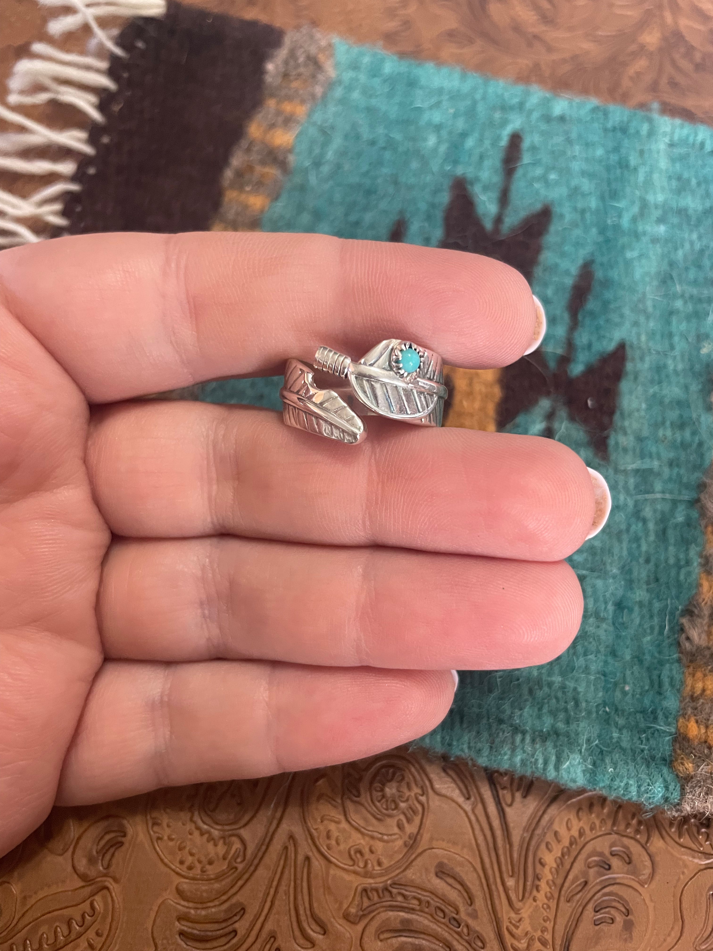 Handmade Sterling Silver & Turquoise Feather Adjustable Ring Signed Nizhoni