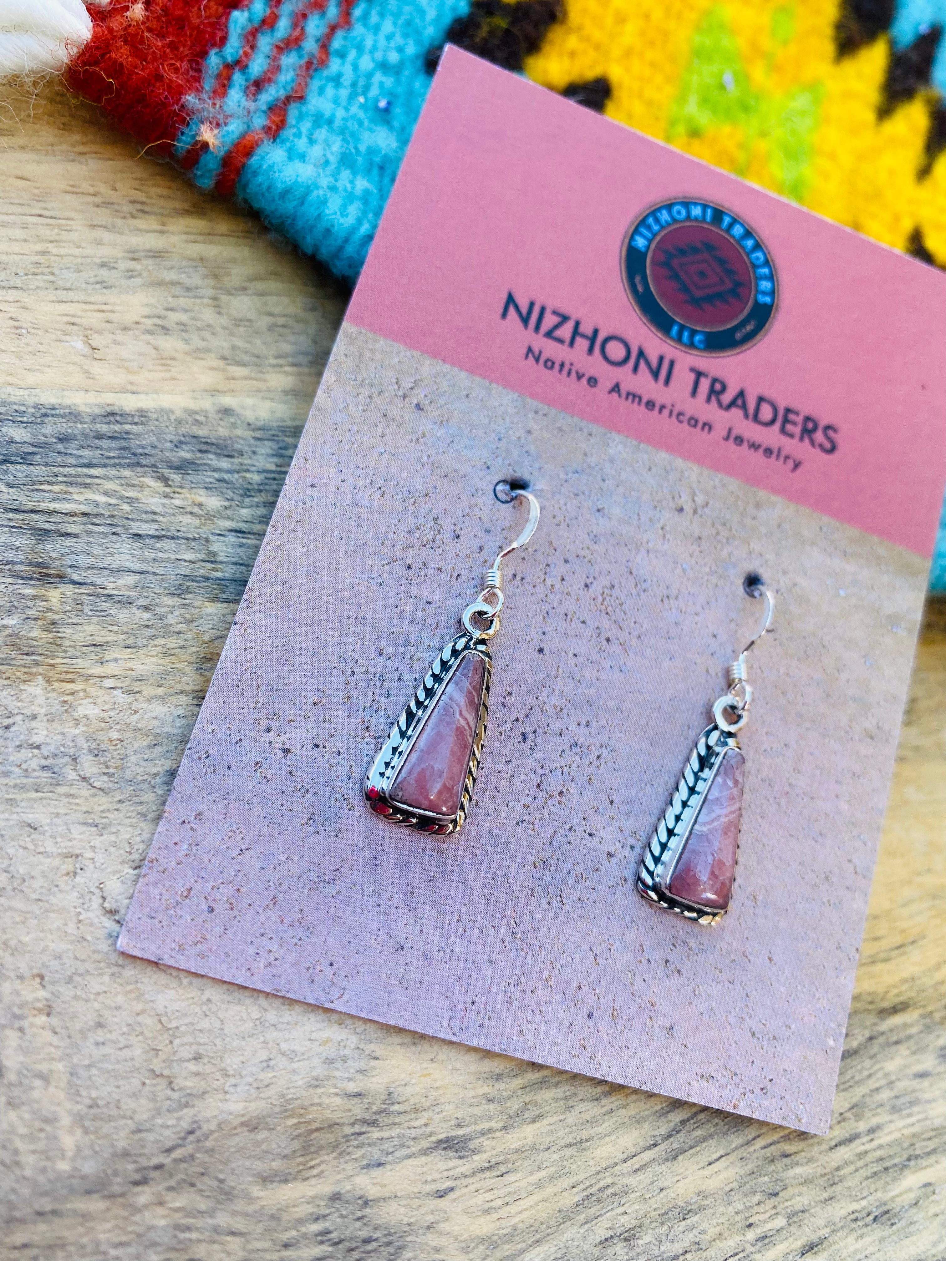 Navajo Sterling Silver & Rhodochrosite Dangle Earrings