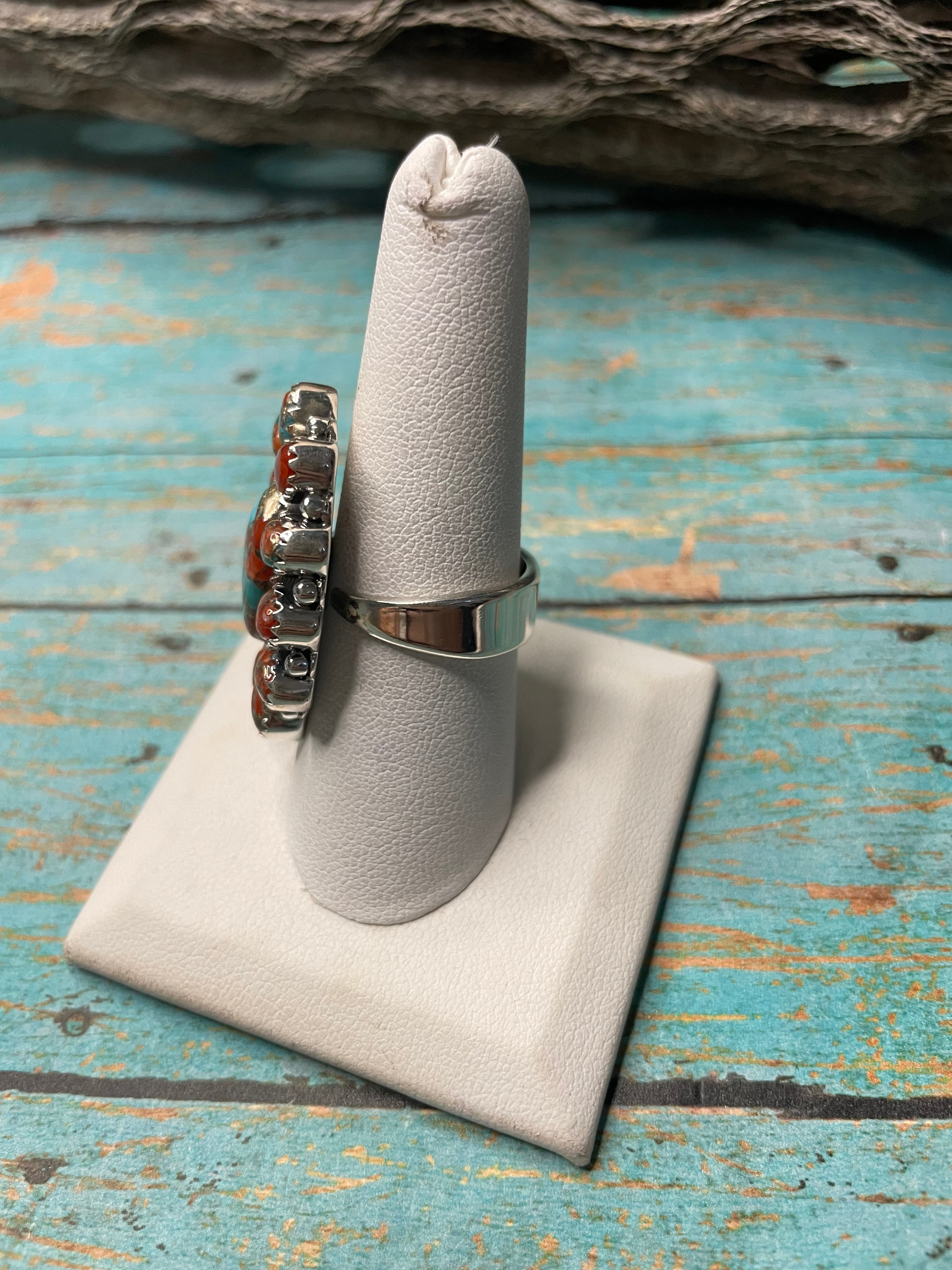 Handmade Sterling Silver And Coral Mojave Adjustable Cluster Ring