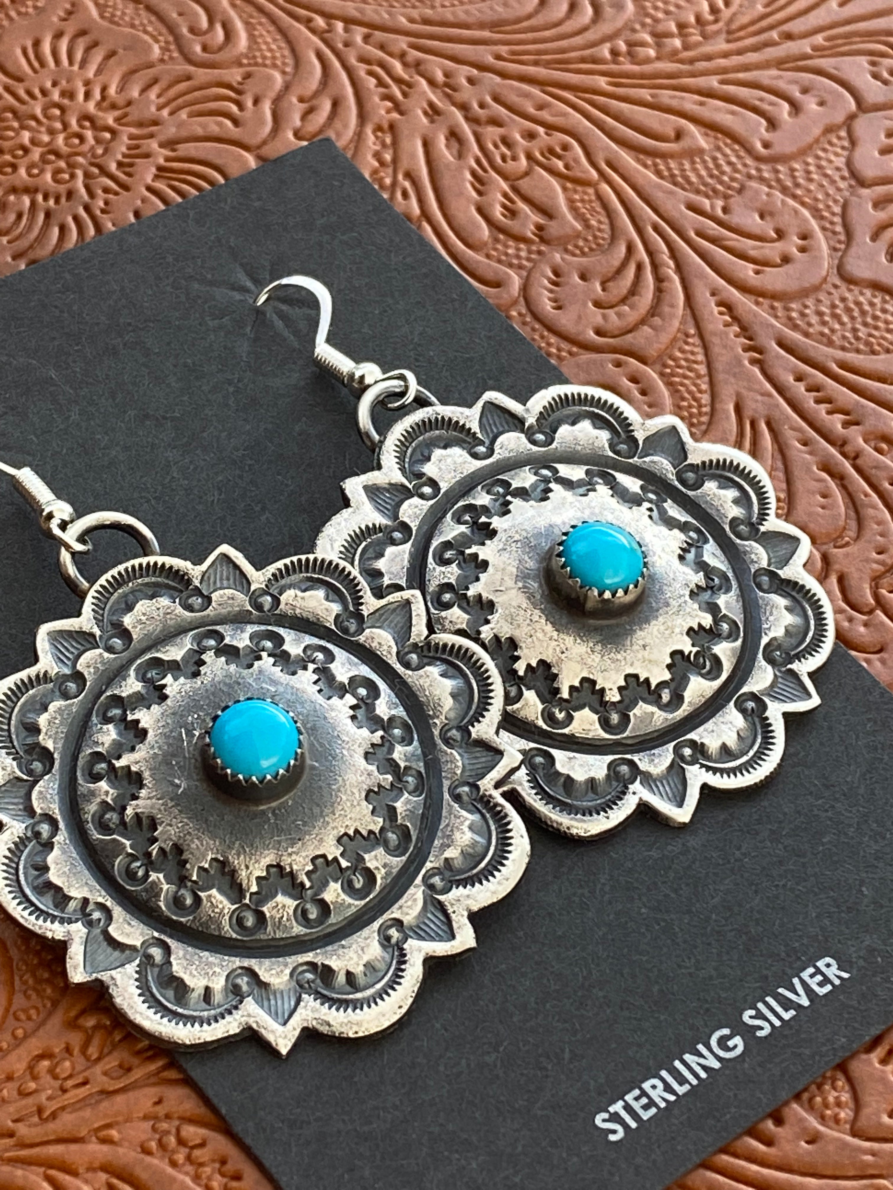 Navajo Turquoise & Sterling Silver Concho Dangle Earrings By Kevin Billah