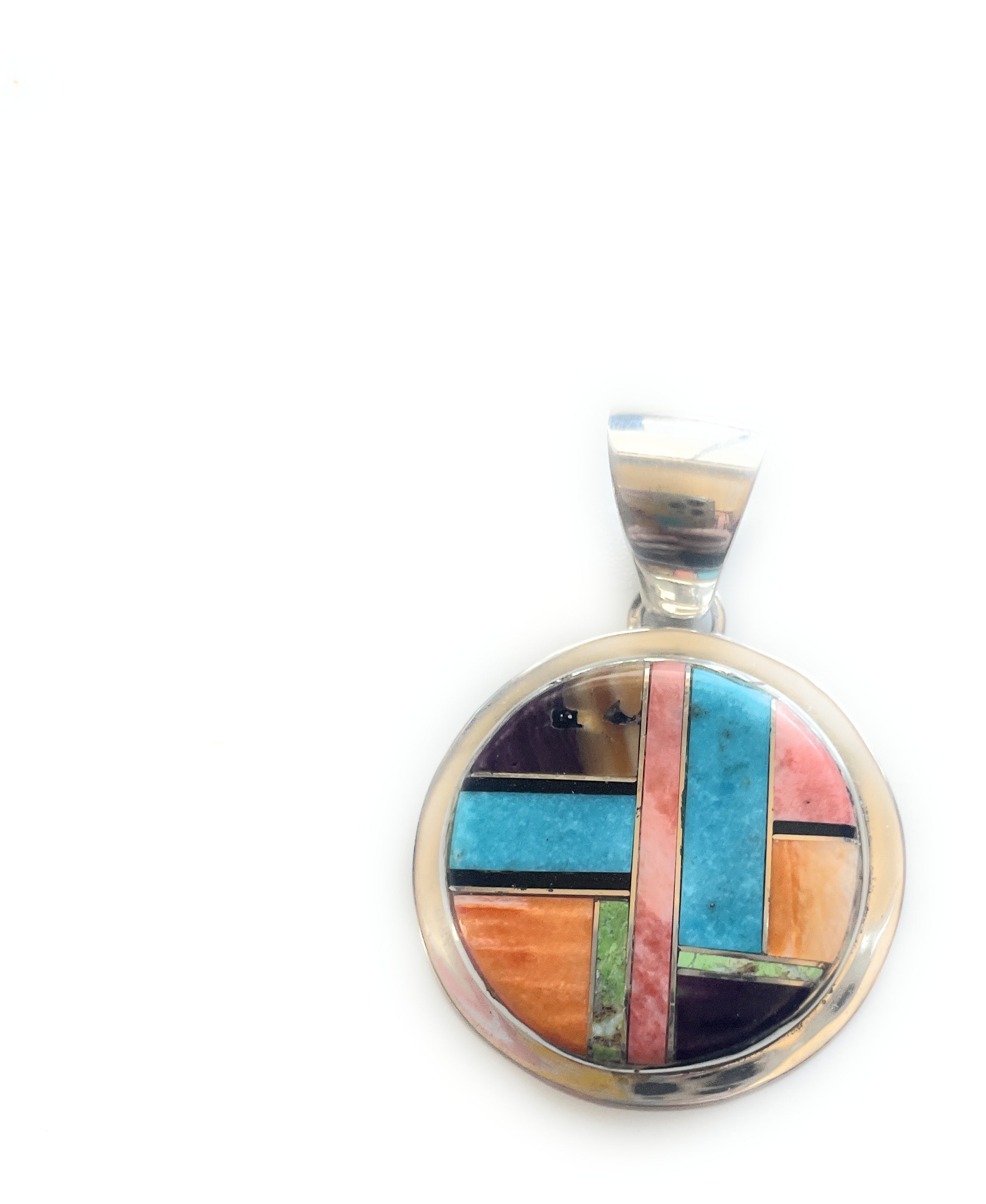 Navajo Multi Stone Inlay & Sterling Silver Circle Pendant