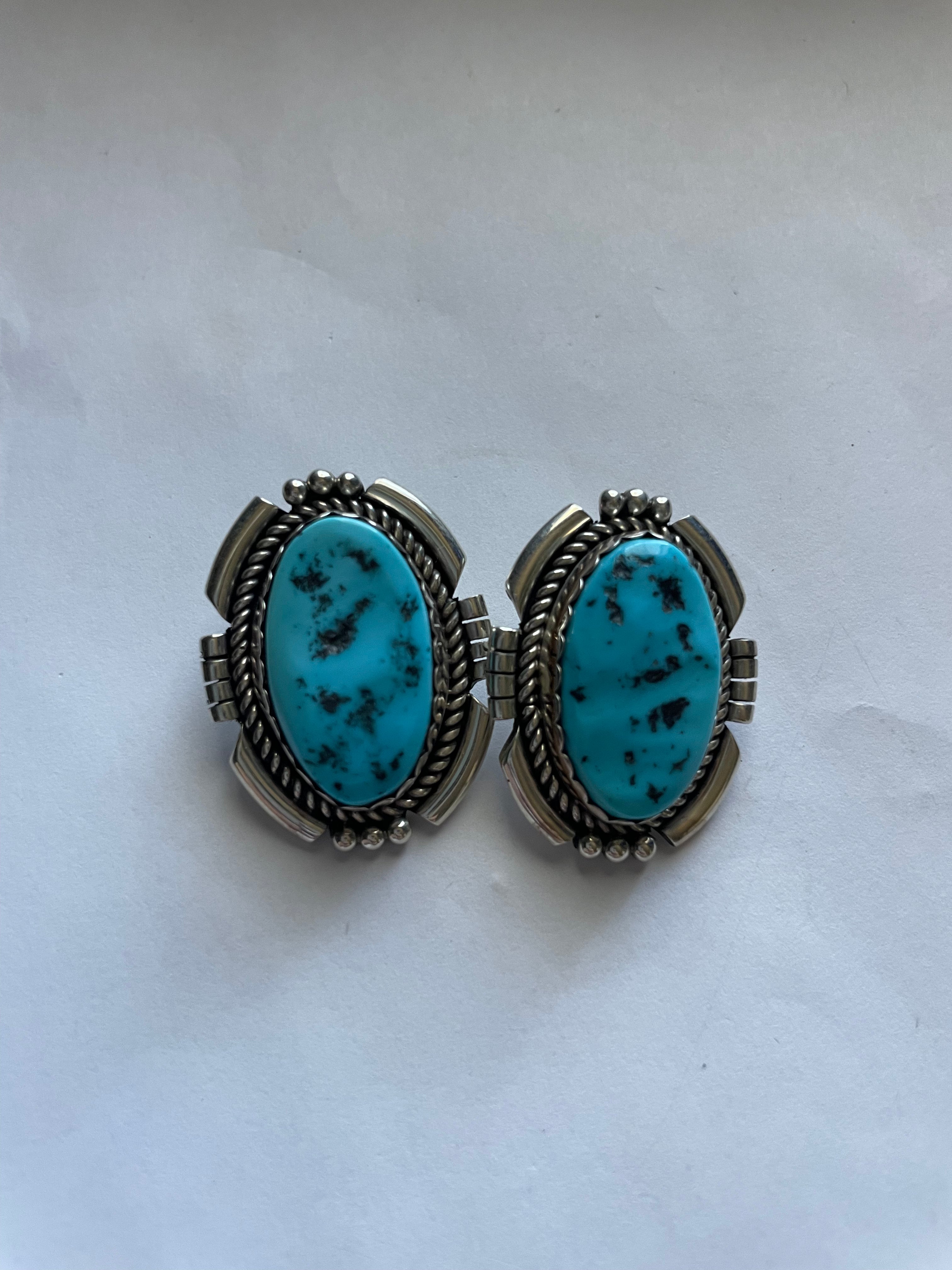 Navajo Sterling Silver & Kingman Turquoise Clip On Earrings