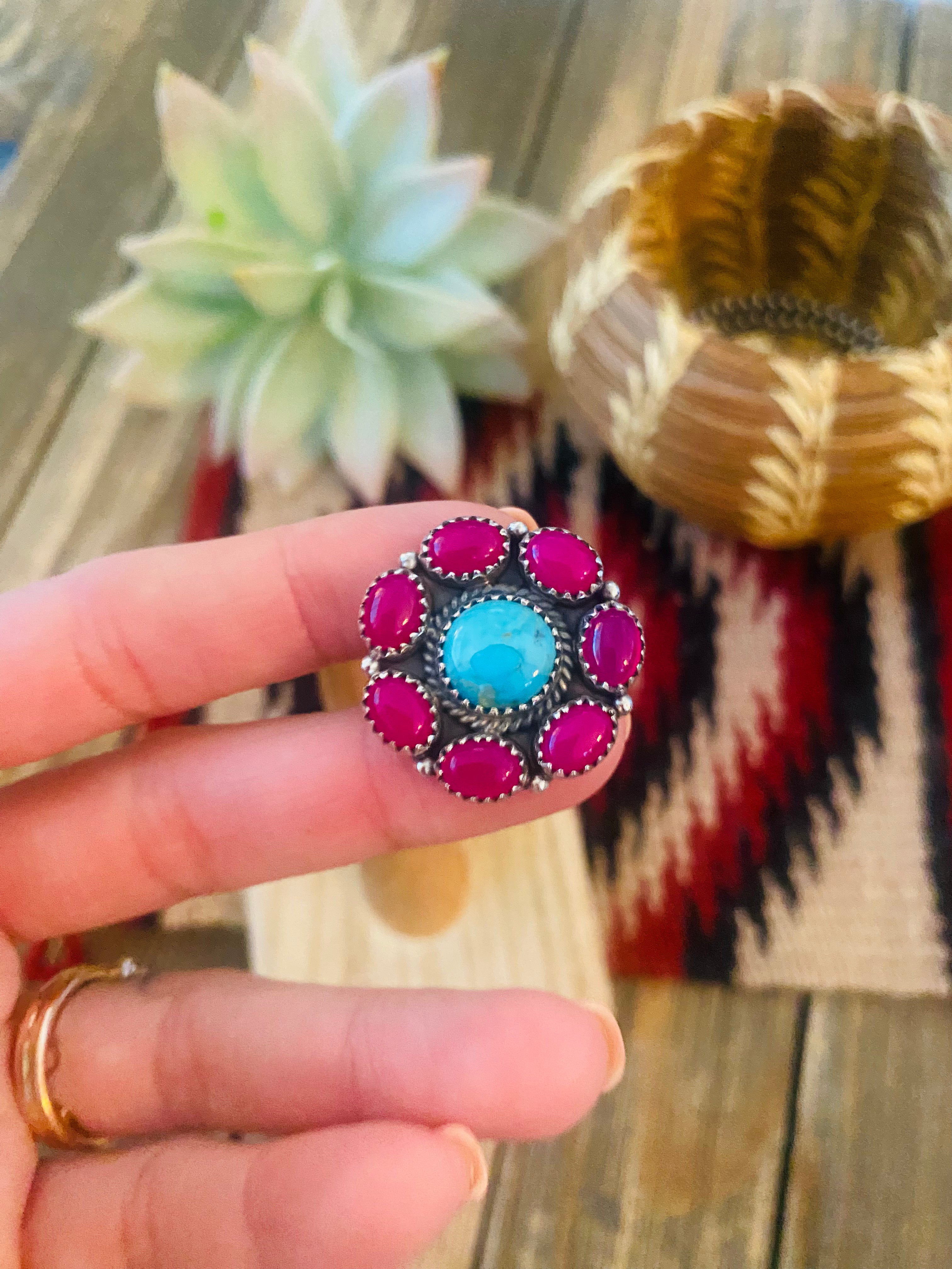 Handmade Sterling Silver, Pink Onyx & Turquoise Cluster Adjustable Ring