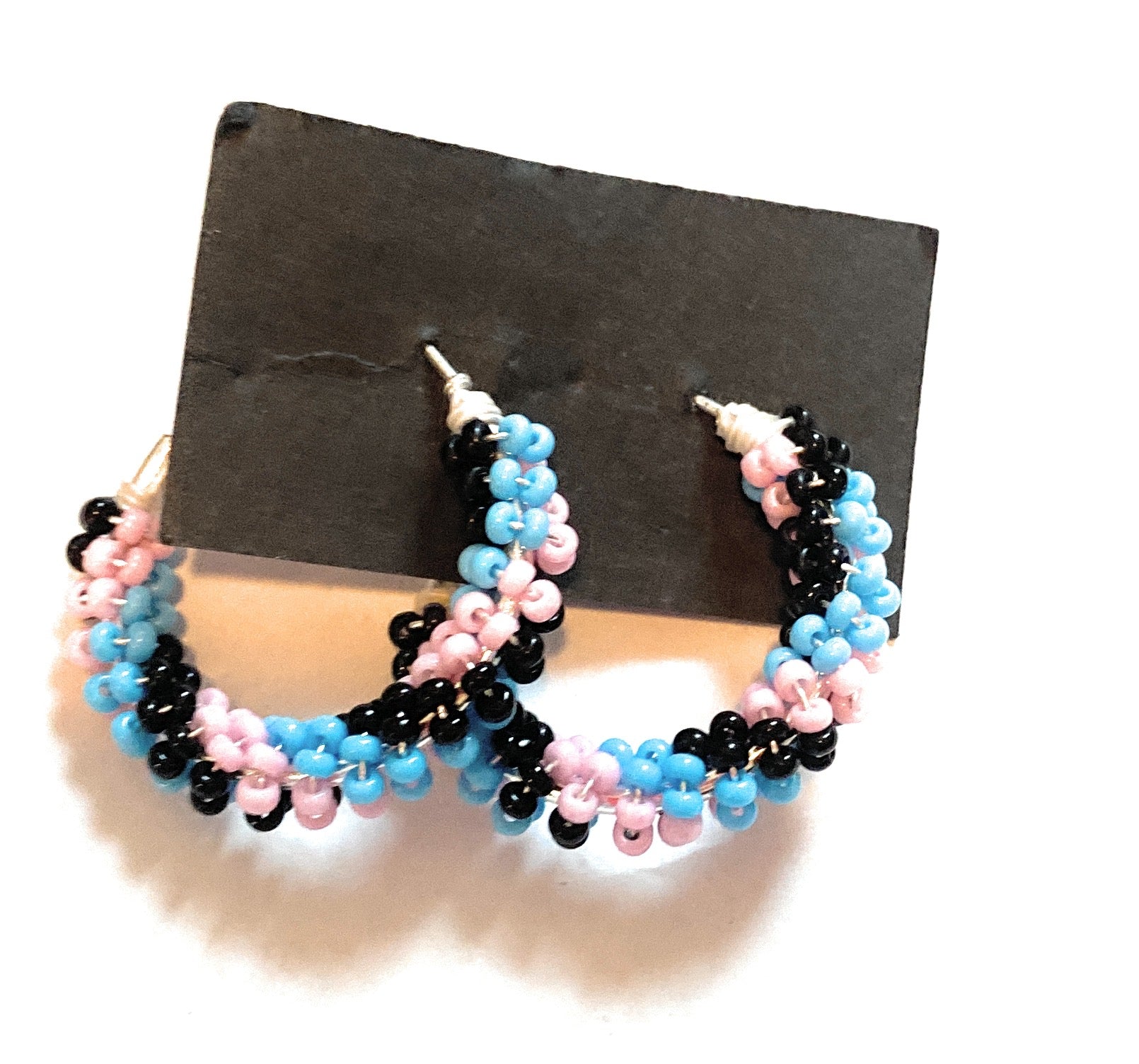 Navajo Handmade Beaded Hoop Earrings- Lt blue, pink