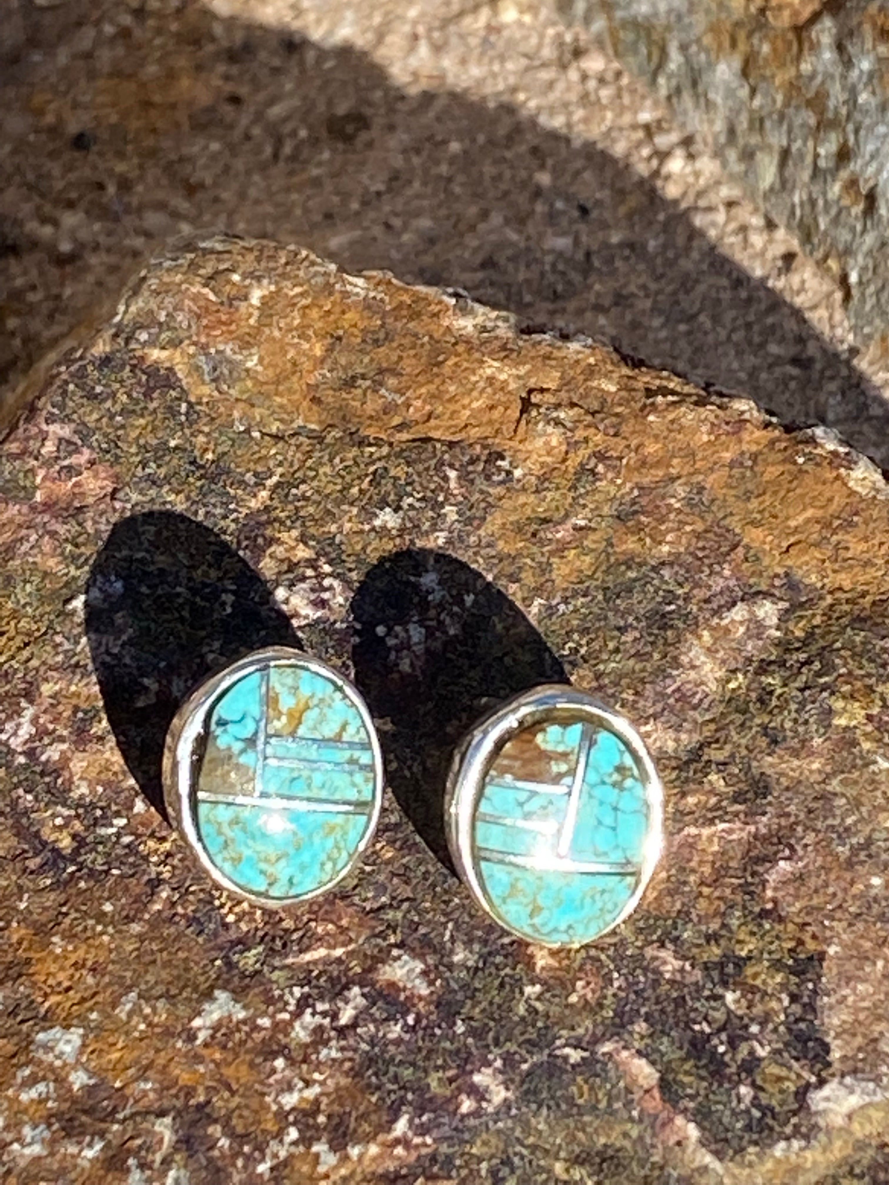 Navajo Turquoise 8 & Sterling Silver Small Oval Stud Earrings