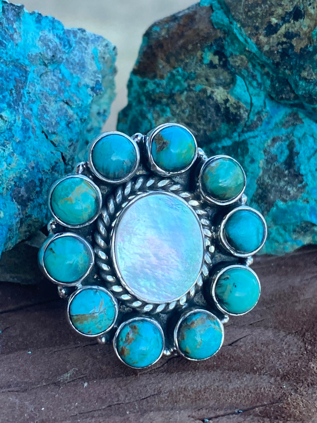 Handmade Sterling Silver Mother of Pearl & Kingman Turquoise Cluster Adjustable Ring