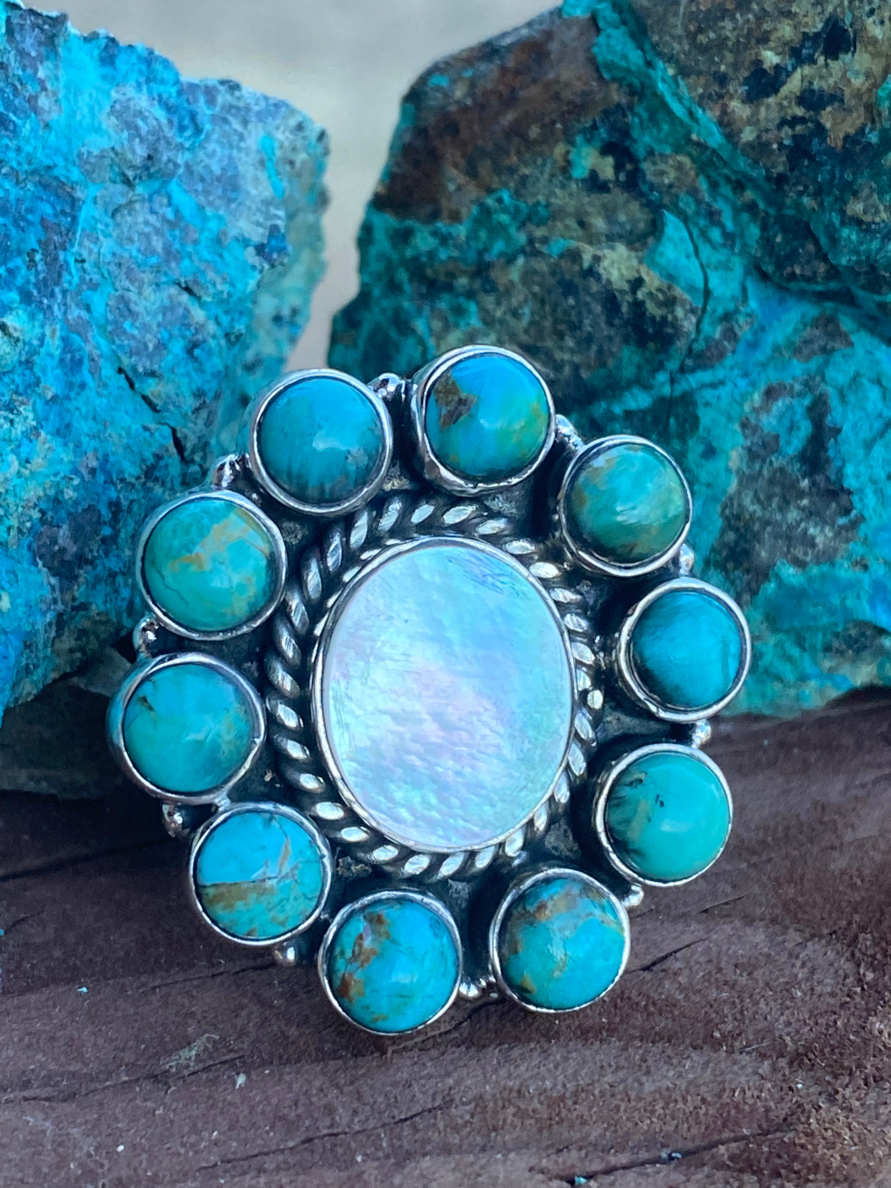 Handmade Sterling Silver Mother of Pearl & Kingman Turquoise Cluster Adjustable Ring