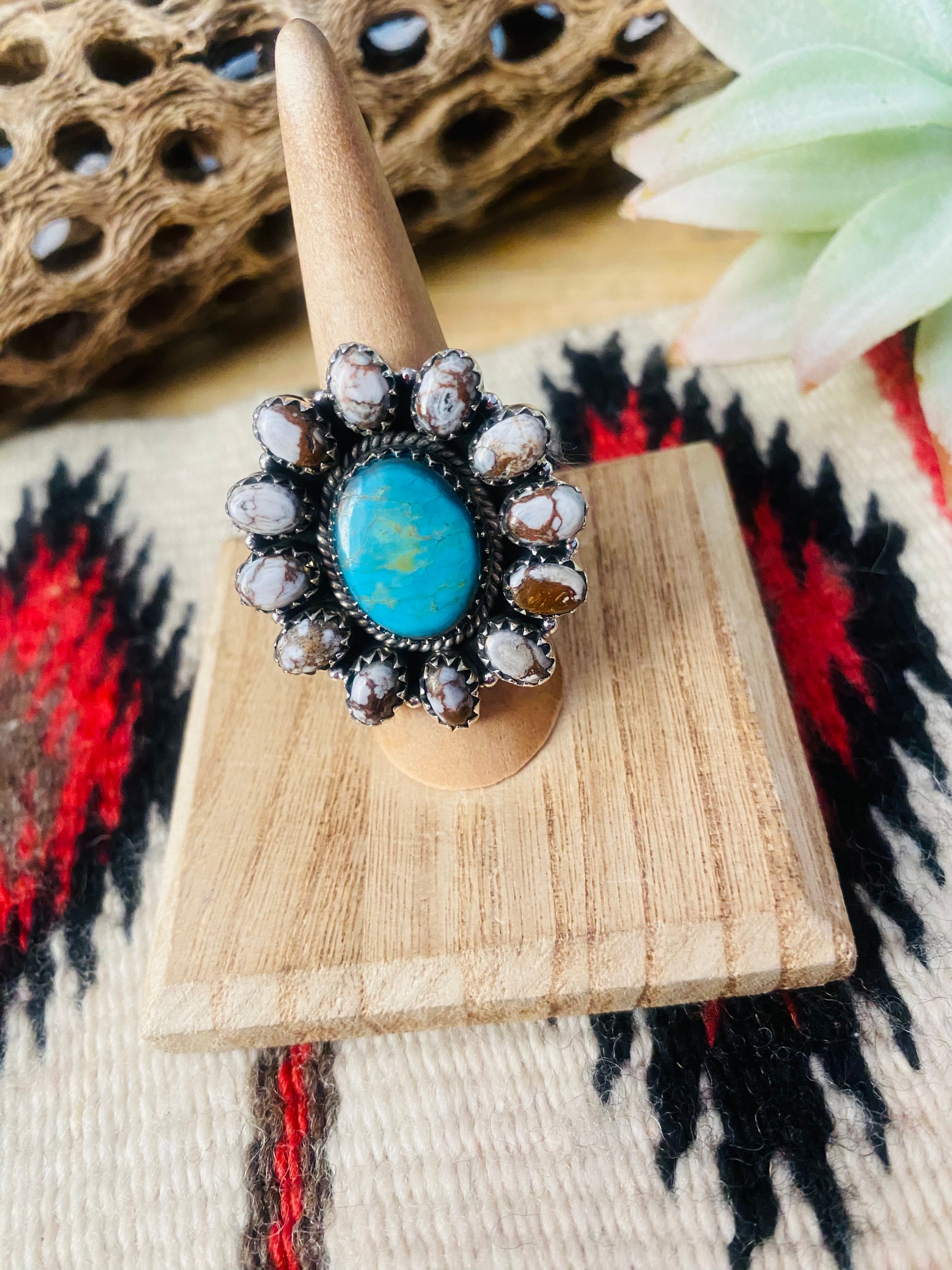 Handmade Sterling Silver, Wild Horse & Turquoise Cluster Adjustable Ring