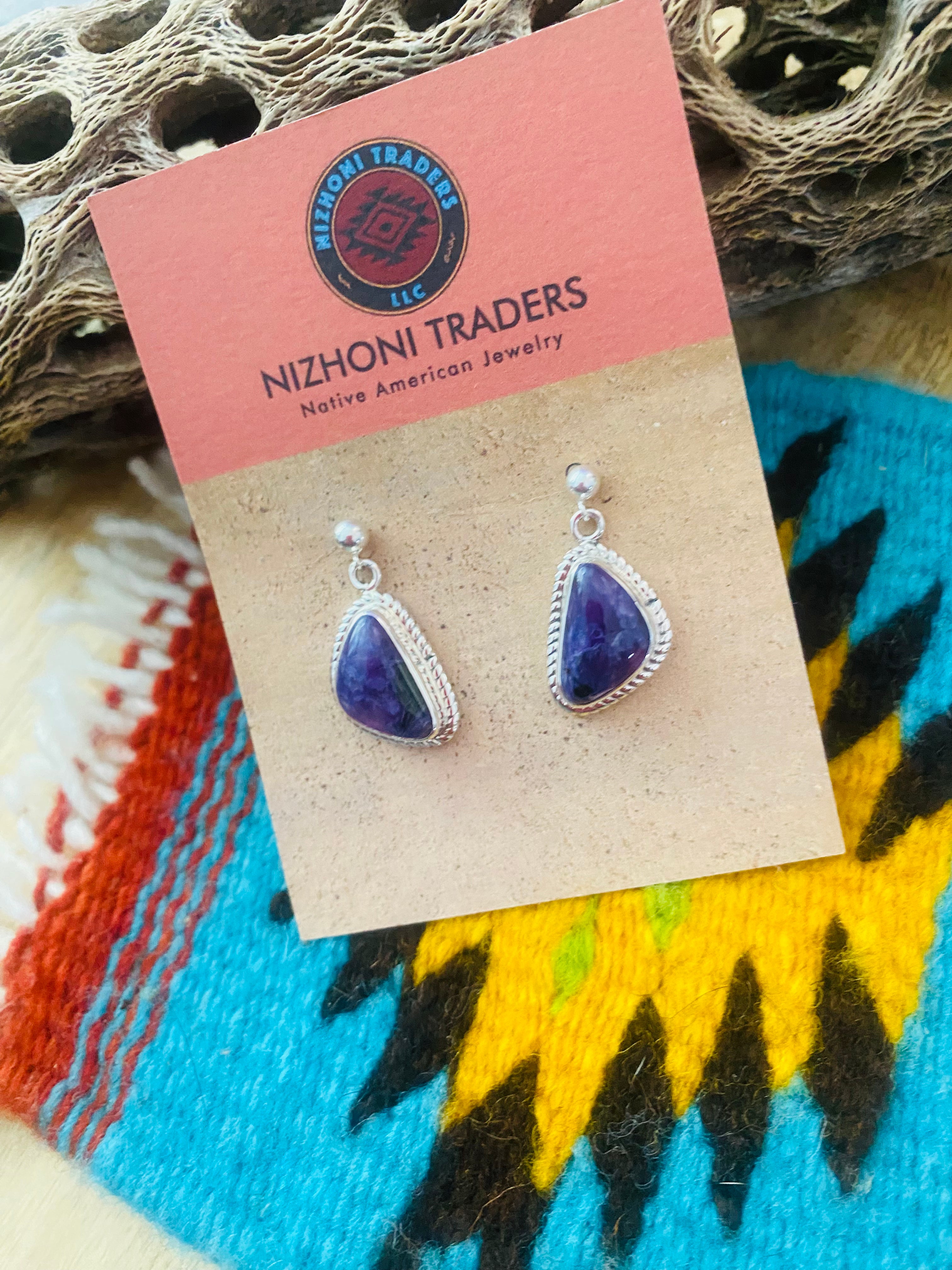 Navajo Charoite & Sterling Silver Dangle Earrings Signed