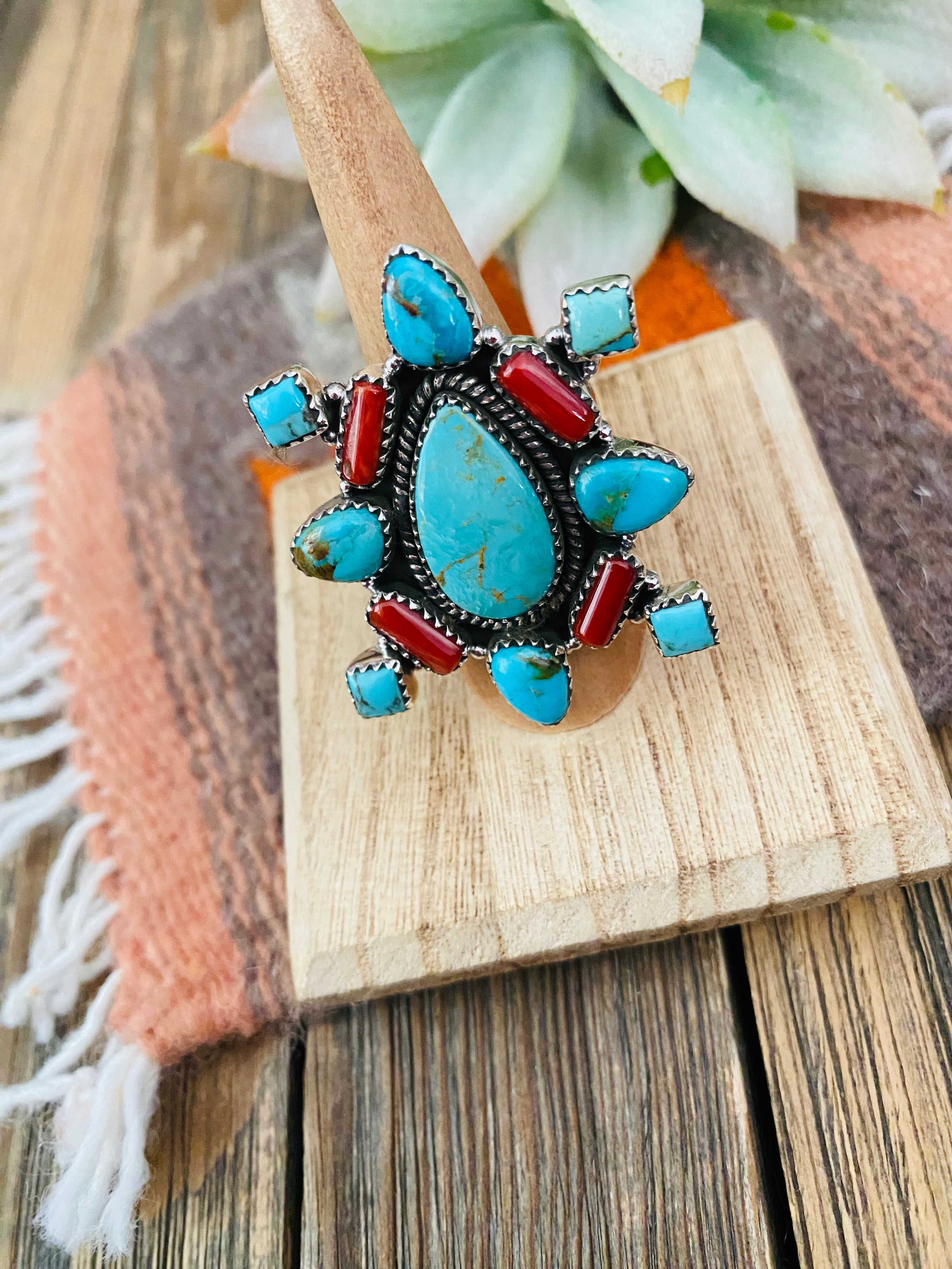 Handmade Sterling Silver, Turquoise & Coral Cluster Adjustable Ring