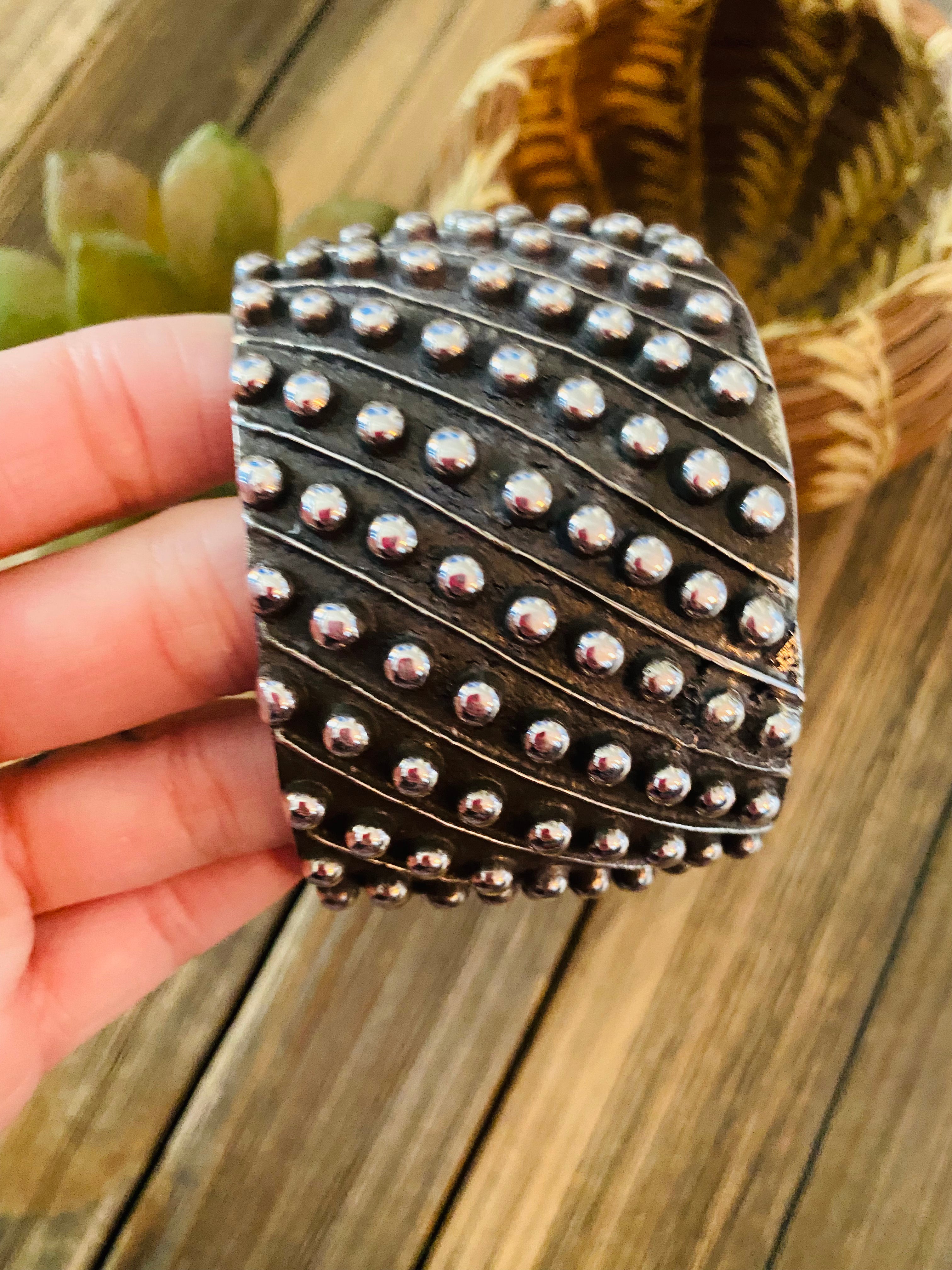 Navajo Hand Stamped Sterling Silver Dot Cuff Bracelet