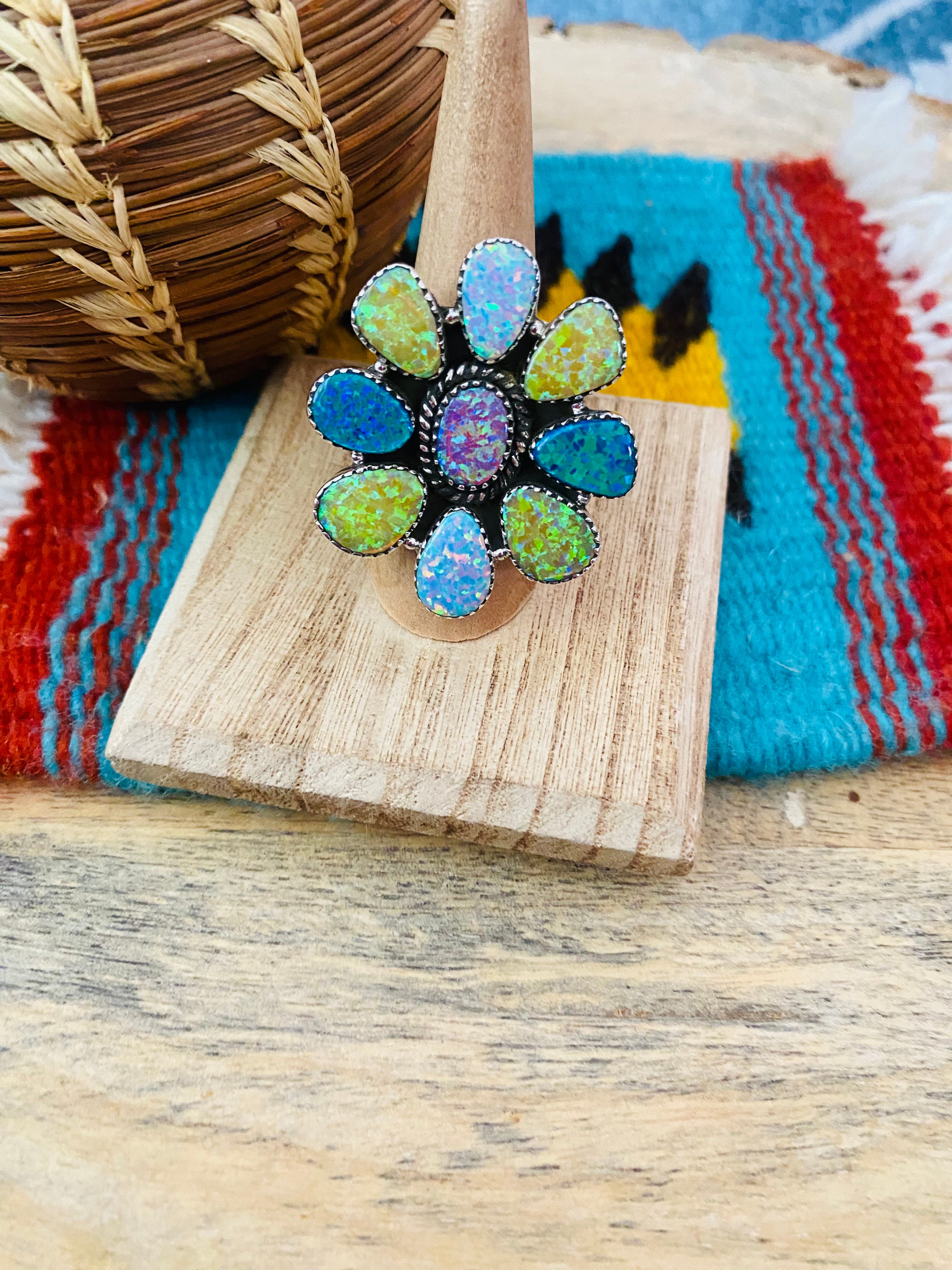 Handmade Sterling Silver & Opal Cluster Adjustable Ring