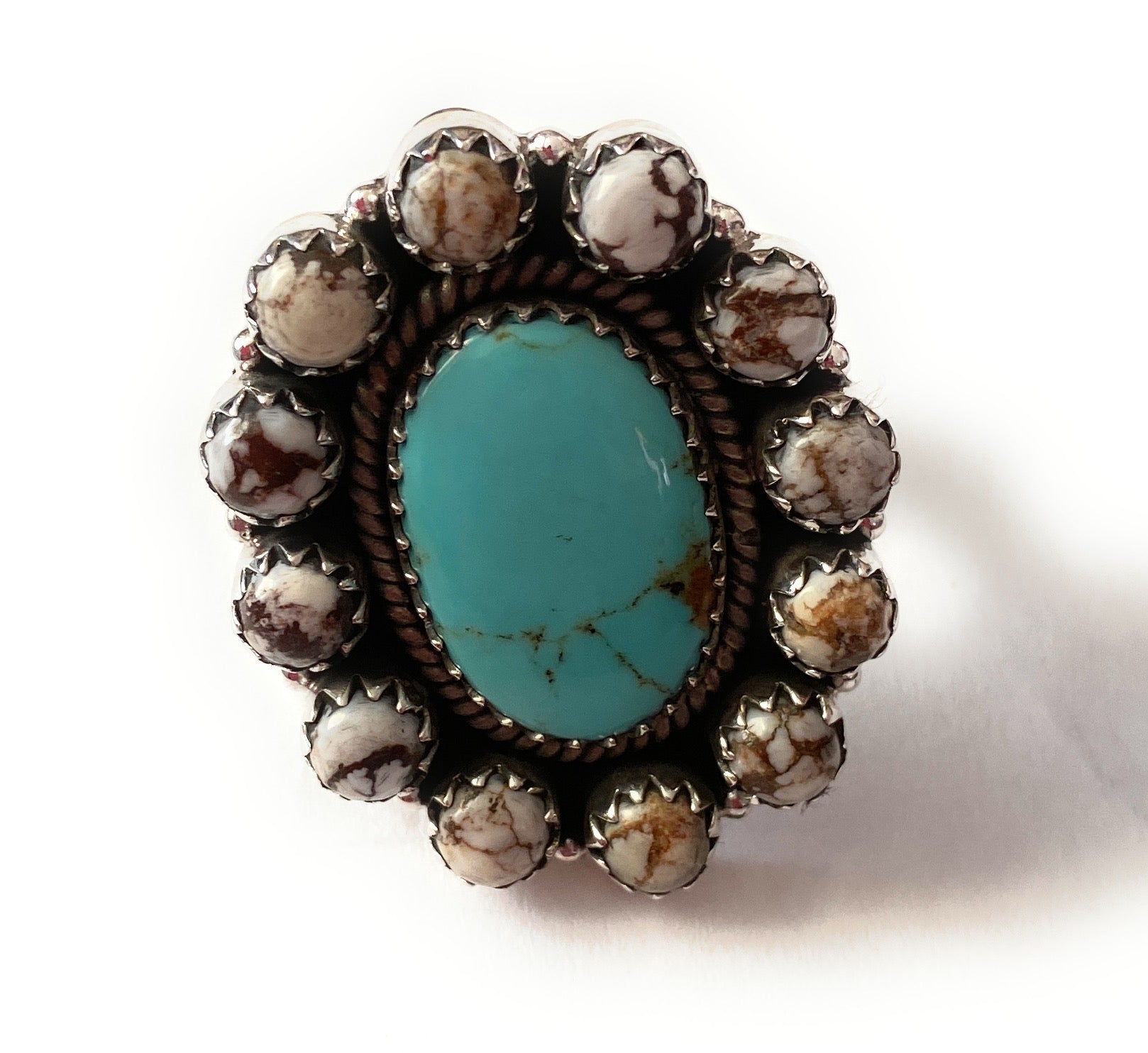 Handmade Sterling Silver, Wild Horse & Turquoise Cluster Adjustable Ring