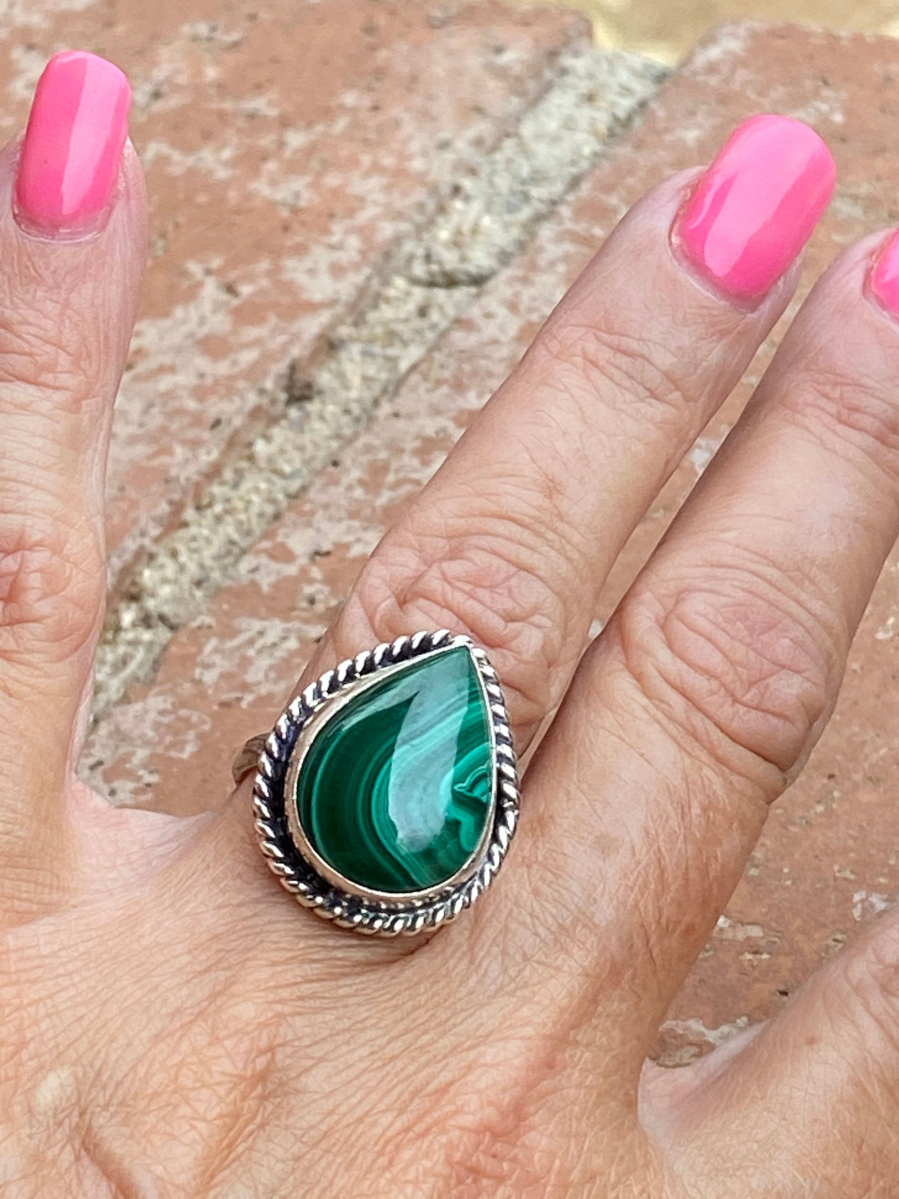 Navajo Malachite Tear Drop Sterling Silver Rings