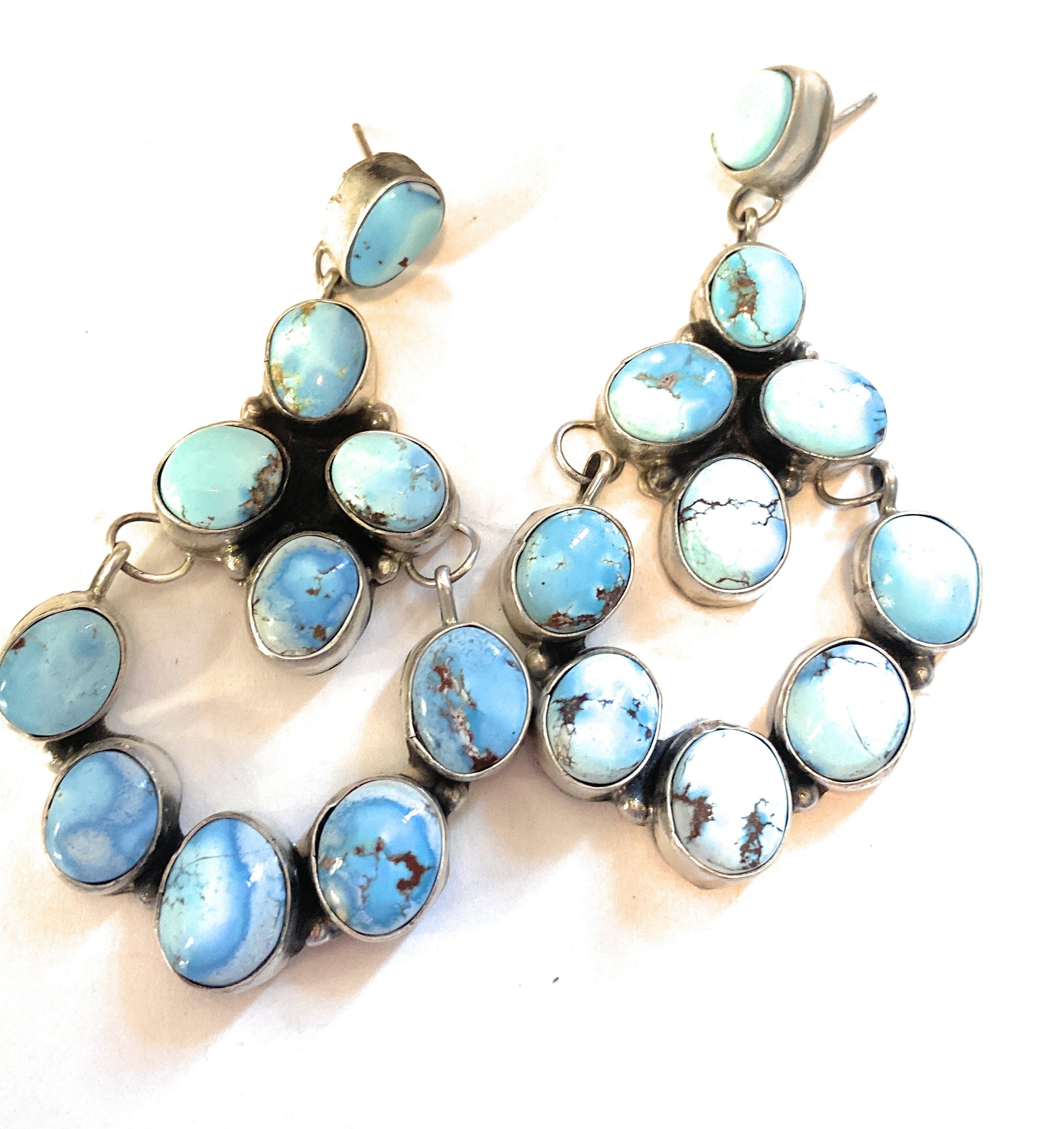 Navajo Golden Hills Turquoise & Sterling Silver Cluster Dangle Earrings