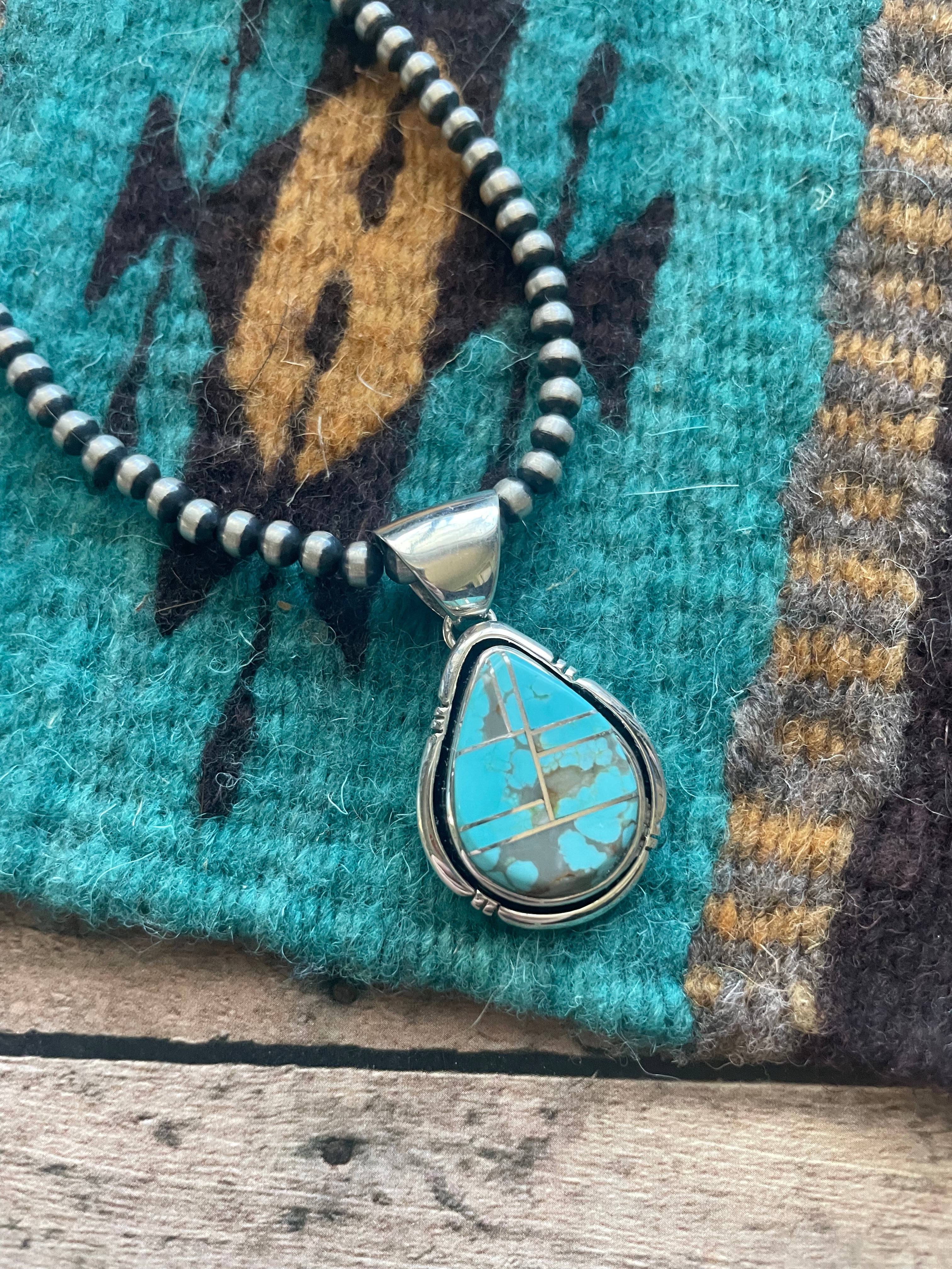 Number 8 Turquoise Inlay & Sterling Silver Pendant