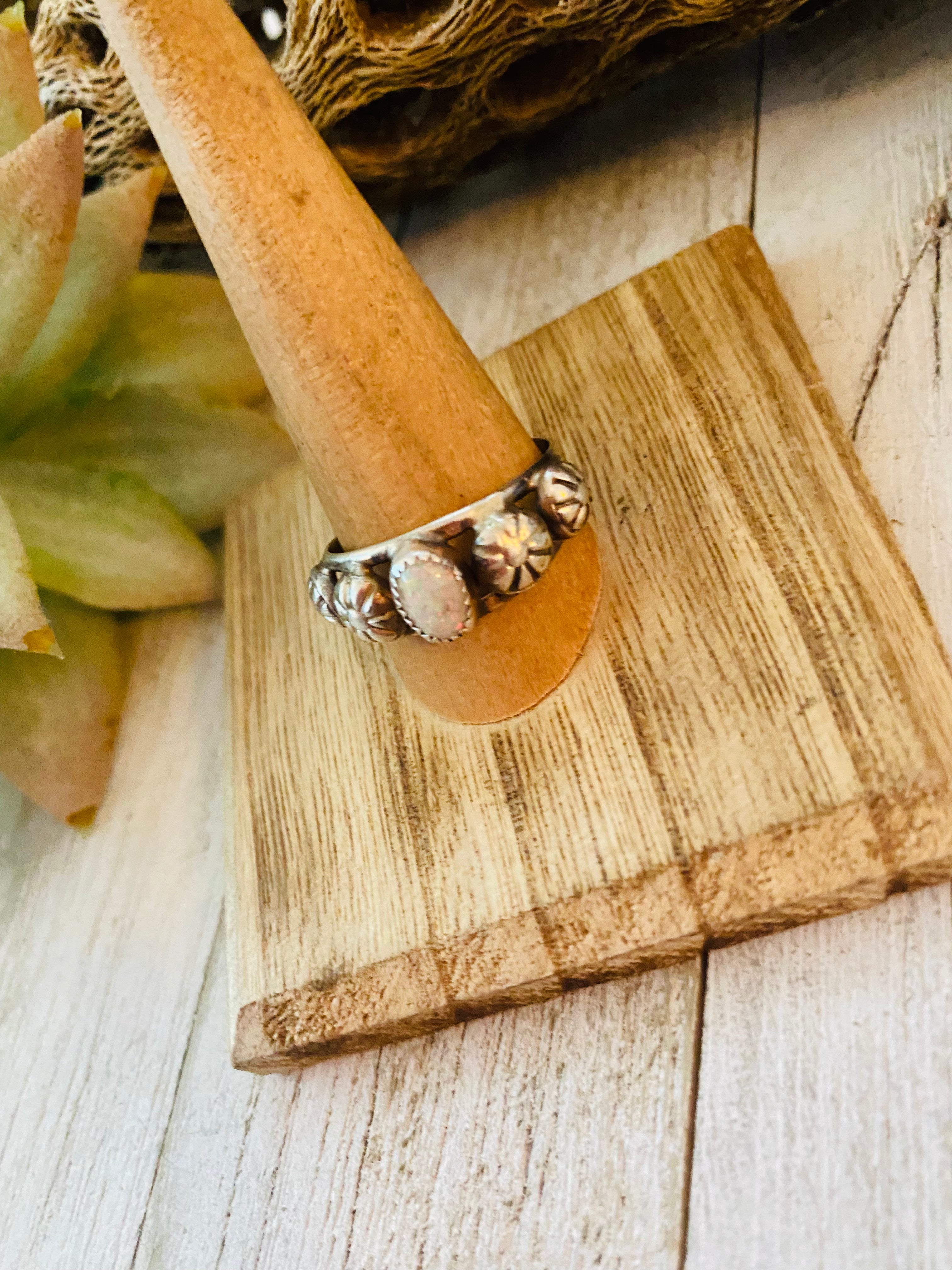 Navajo White Opal and Sterling Silver Concho Band Ring