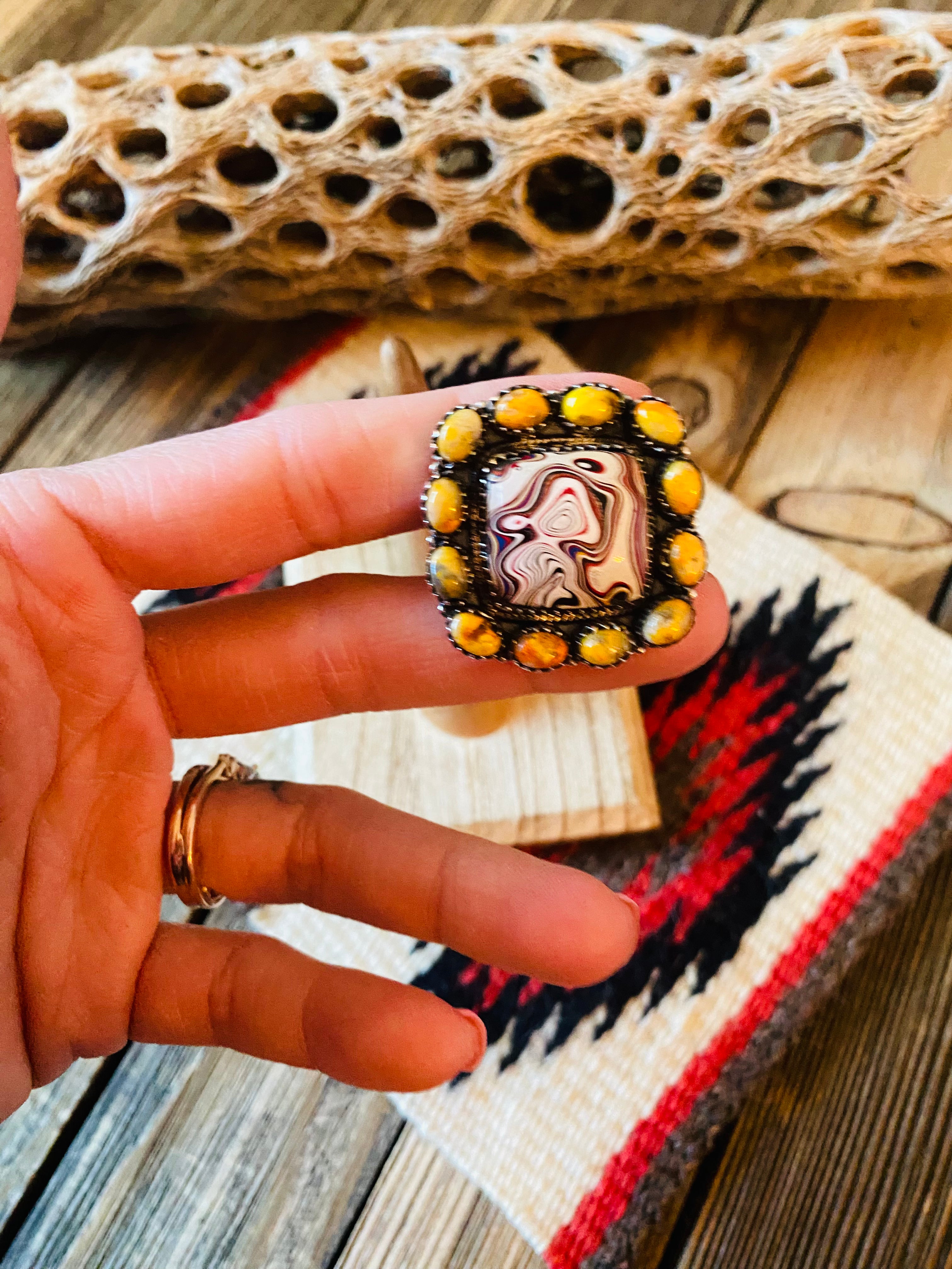 Handmade Sterling Silver, Fordite & Orange Mohave Cluster Adjustable Ring