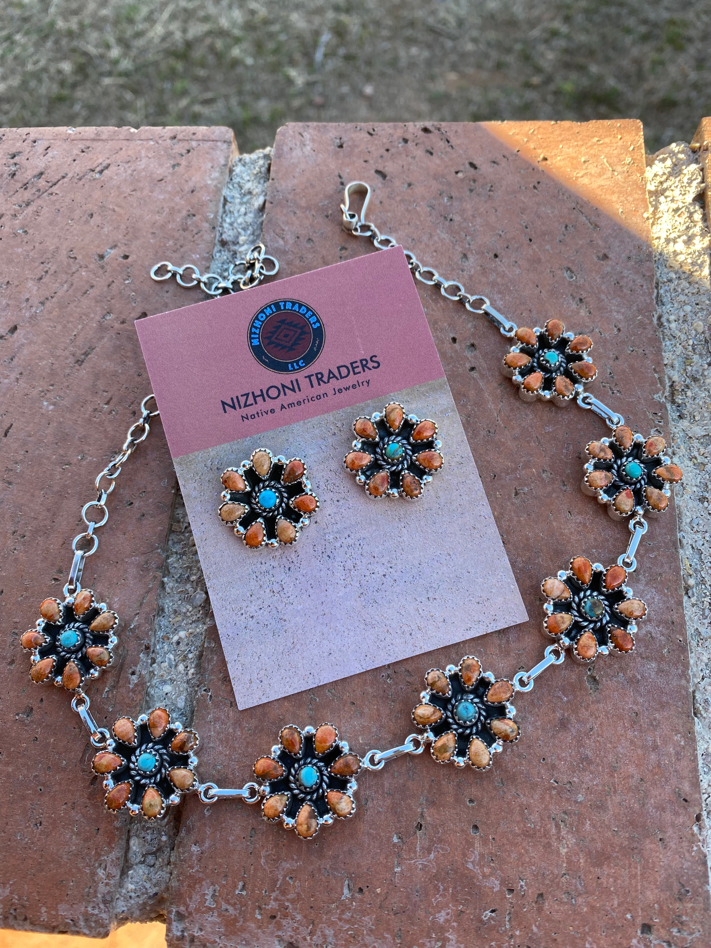 Hand Made Sterling Silver Orange Spiny & Royston Turquoise Choker Necklace