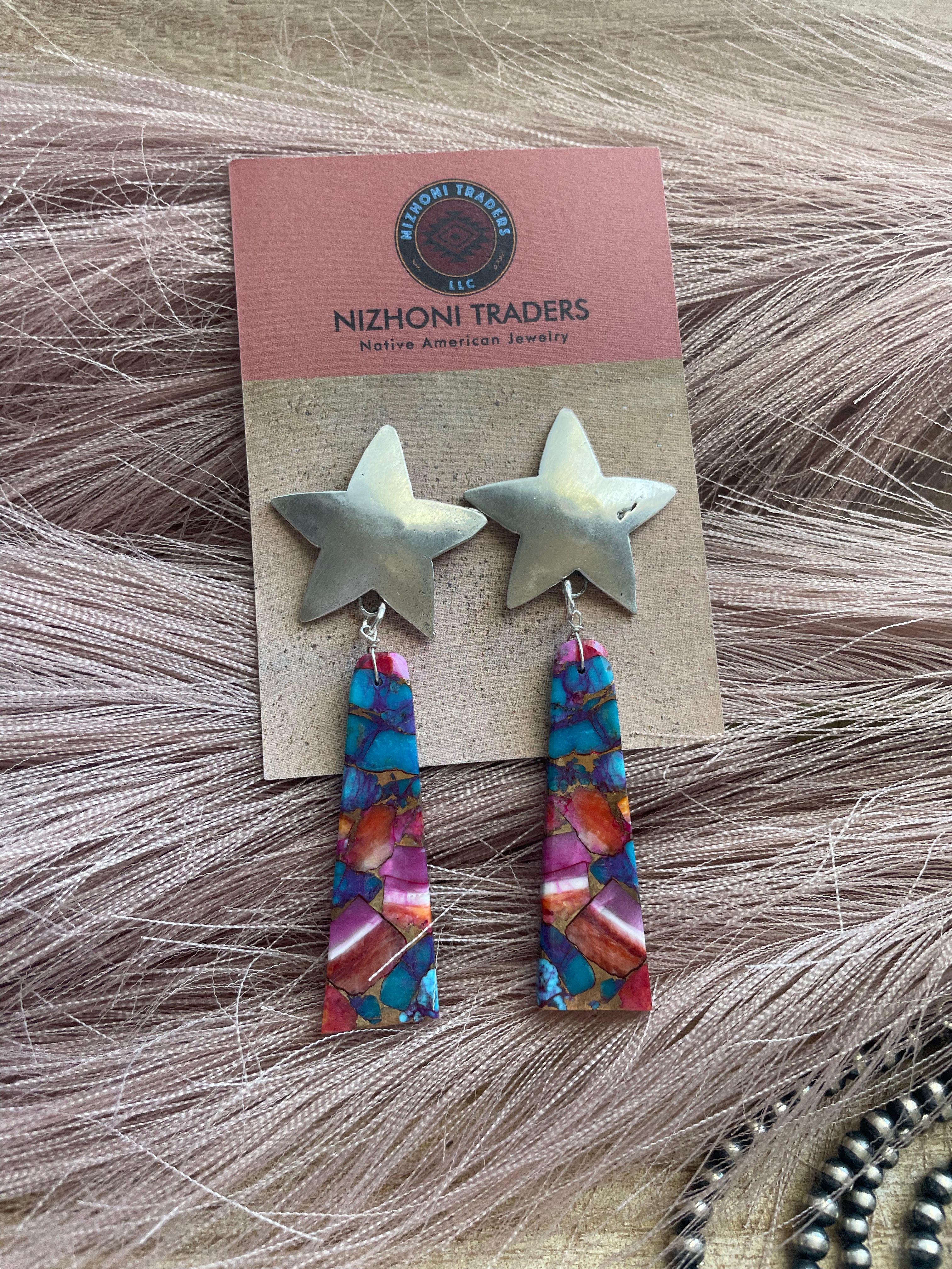 Navajo Sterling Silver & Pink Dream Slab Star Dangle Earrings