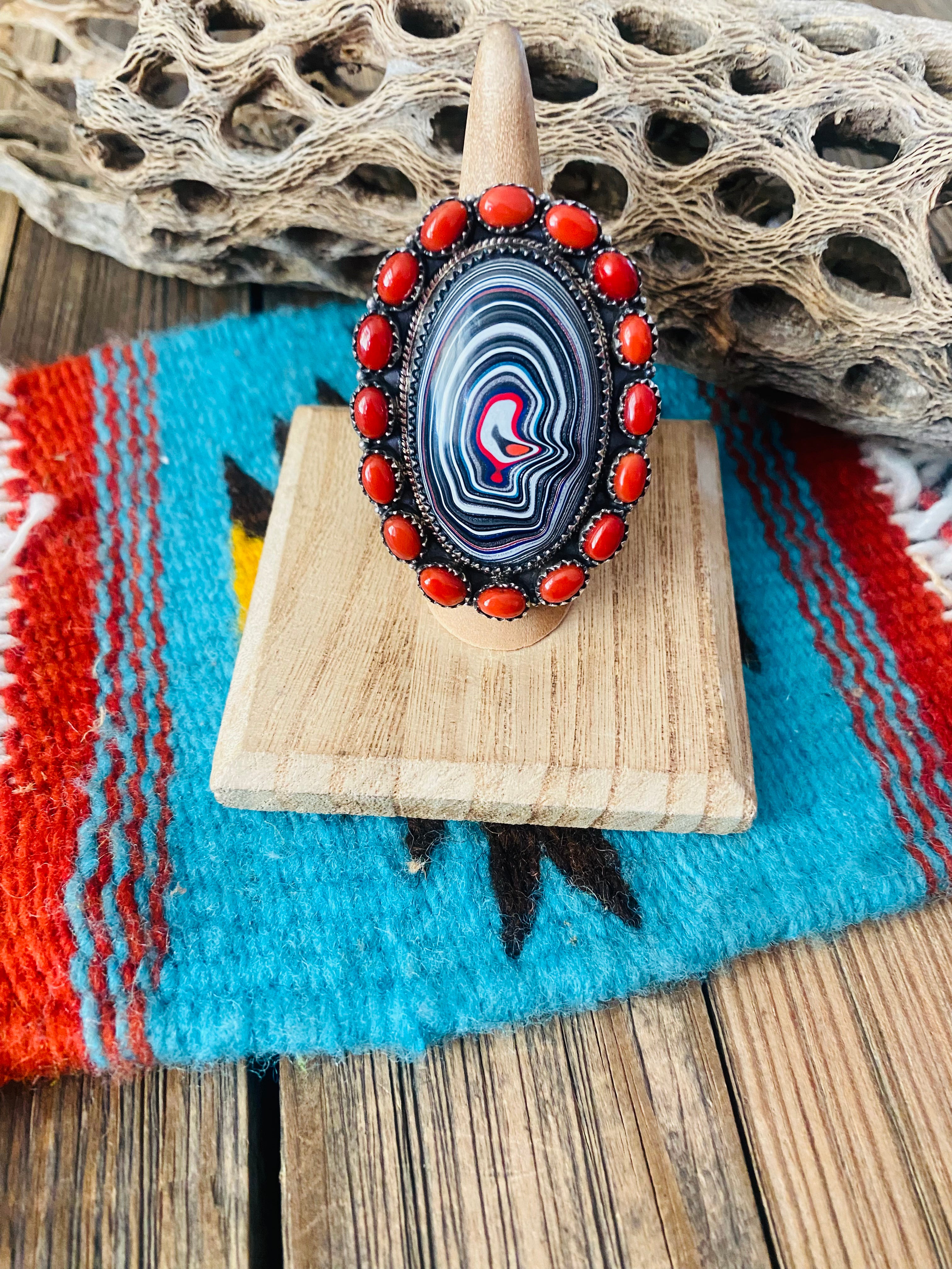 Handmade Sterling Silver, Fordite & Coral Cluster Adjustable Ring