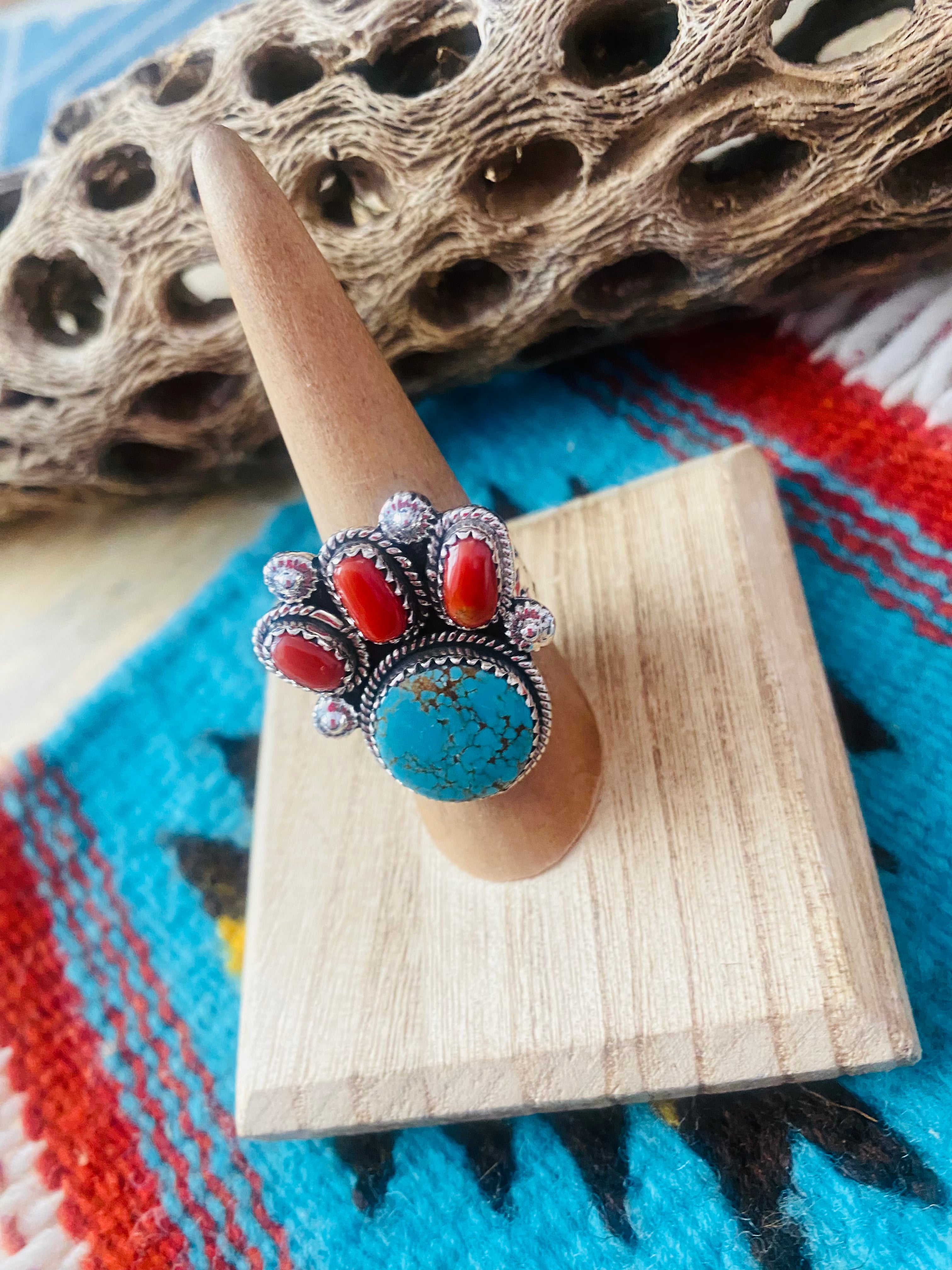 Handmade Sterling Silver, Coral & Number 8 Turquoise Adjustable Ring