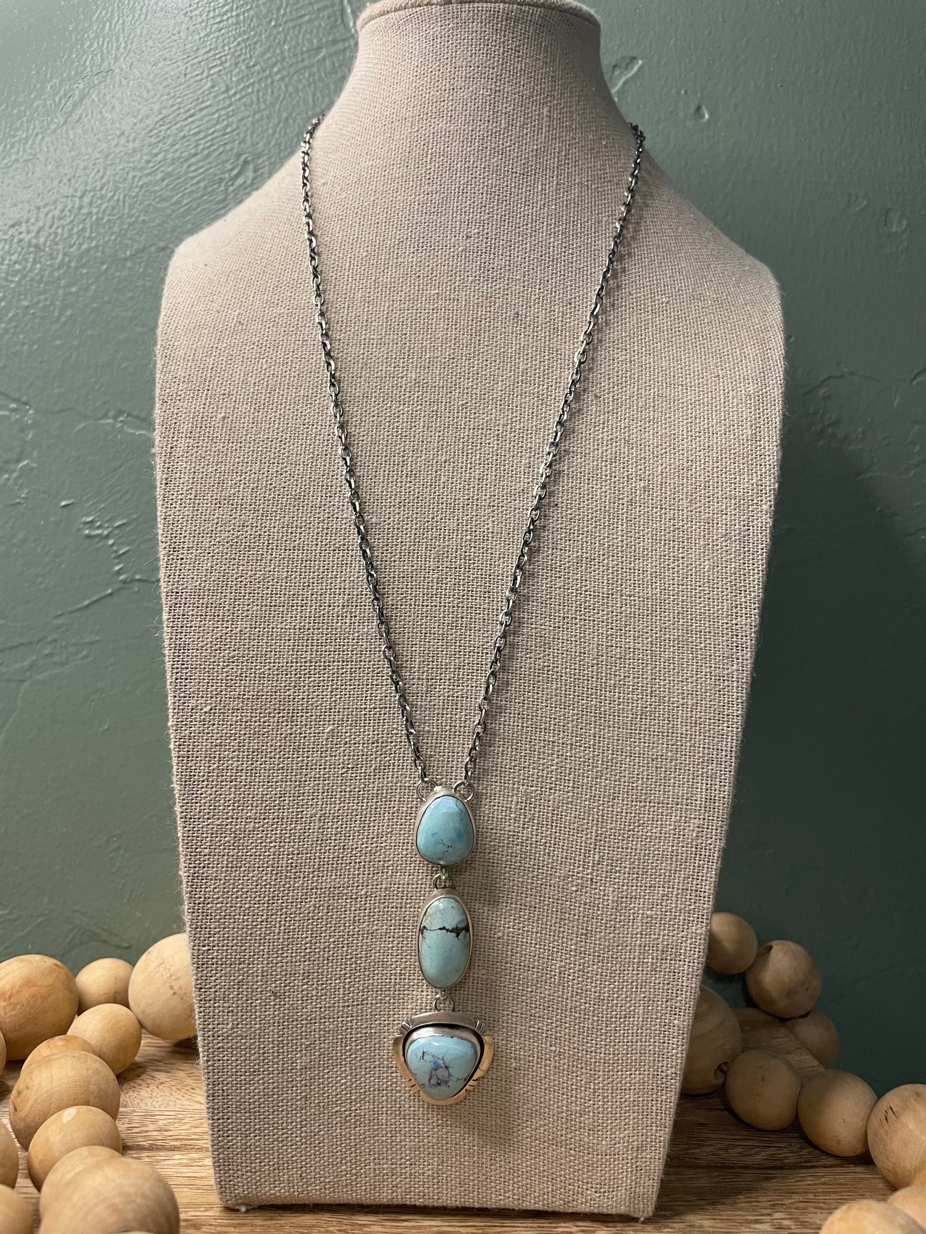 Navajo Sterling Silver And Golden Hills Turquoise Lariat Necklace