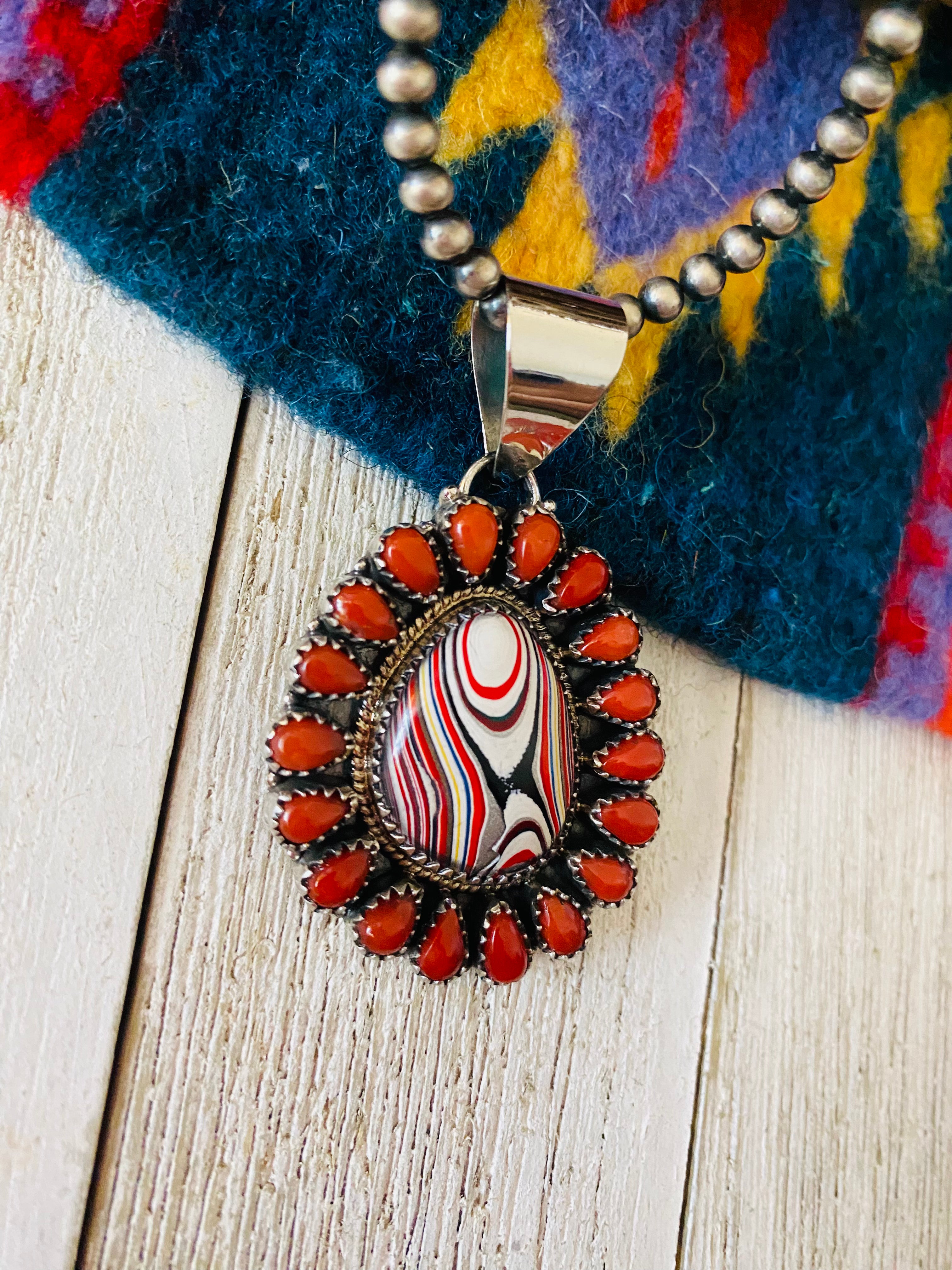 Handmade Sterling Silver, Fordite & Coral Cluster Pendant