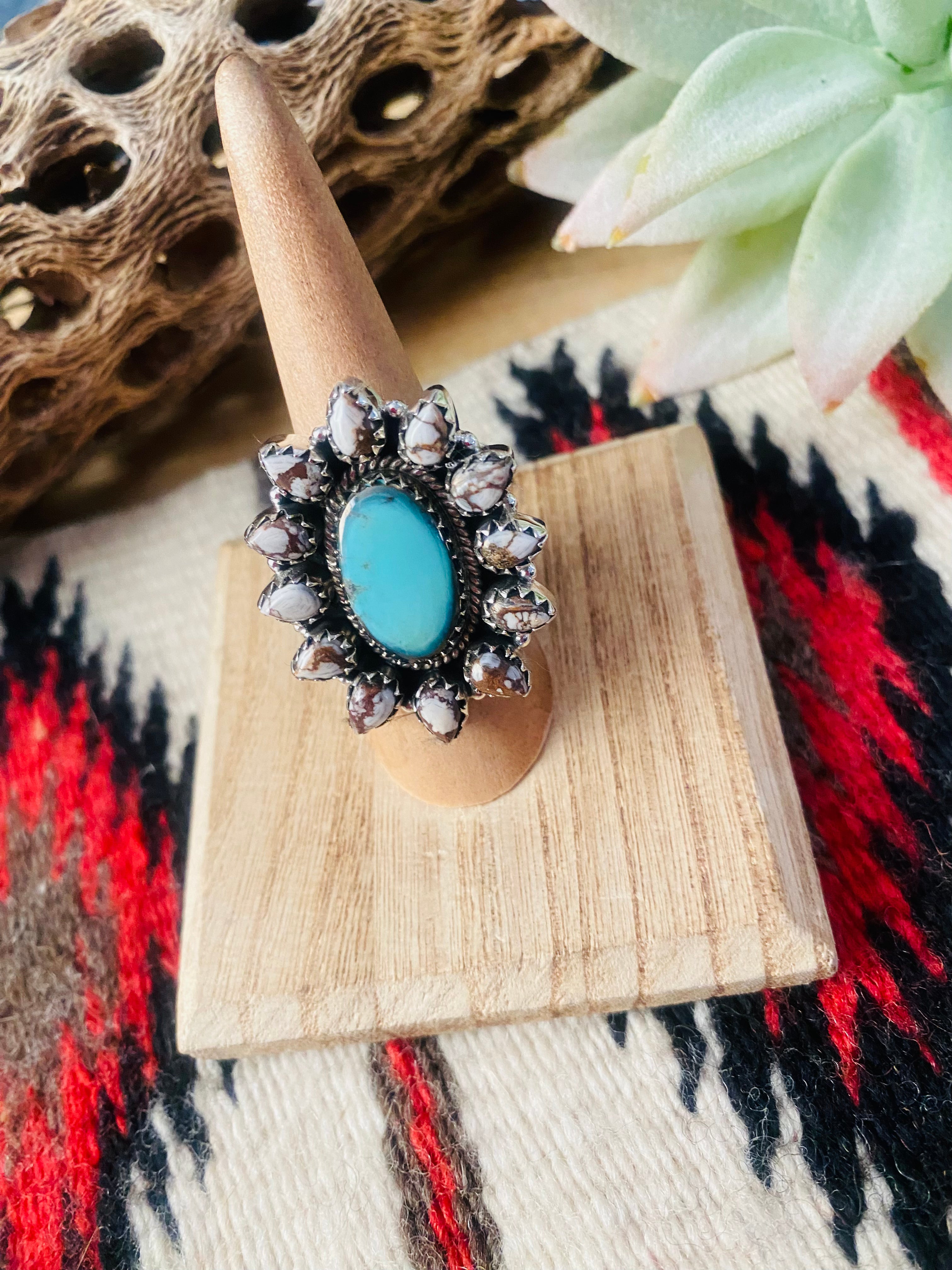 Handmade Sterling Silver, Wild Horse & Turquoise Cluster Adjustable Ring