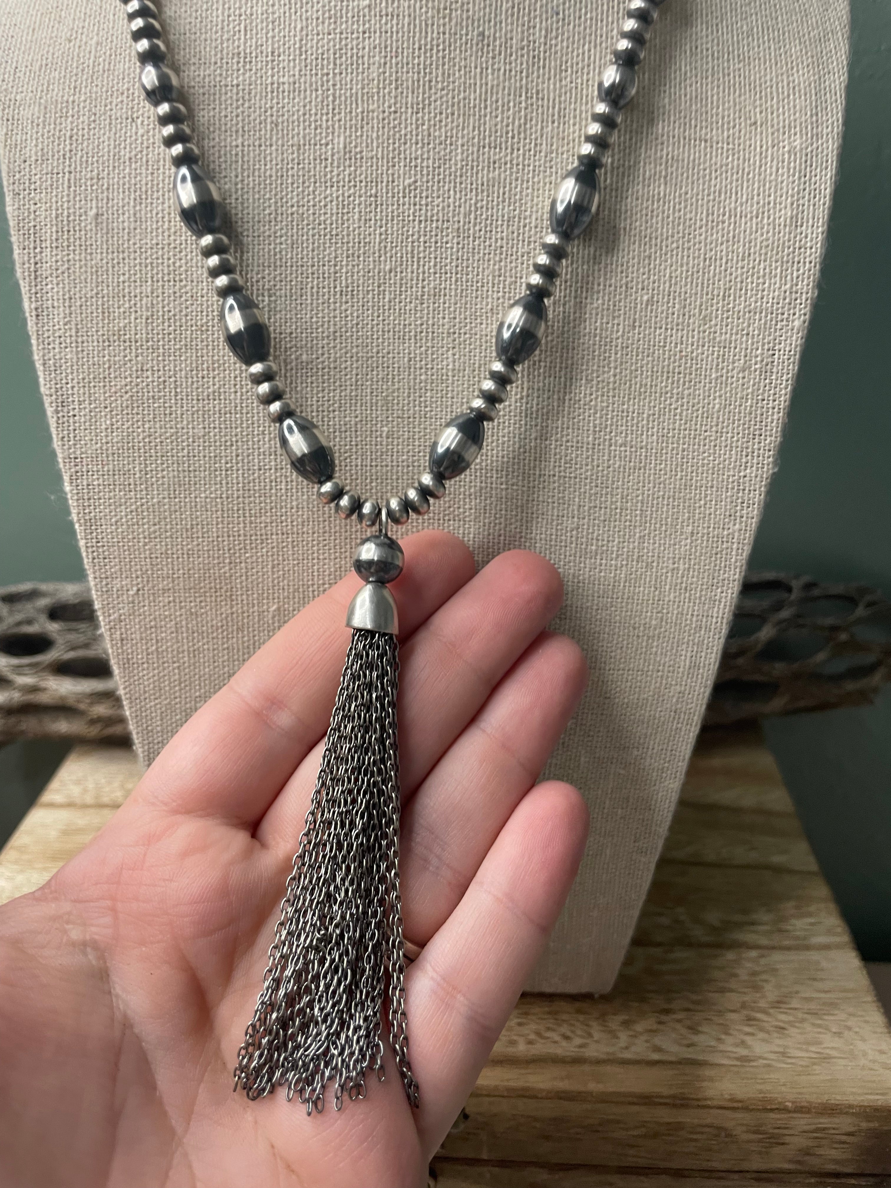 Navajo Sterling Silver Tassel Beaded Necklace 18”