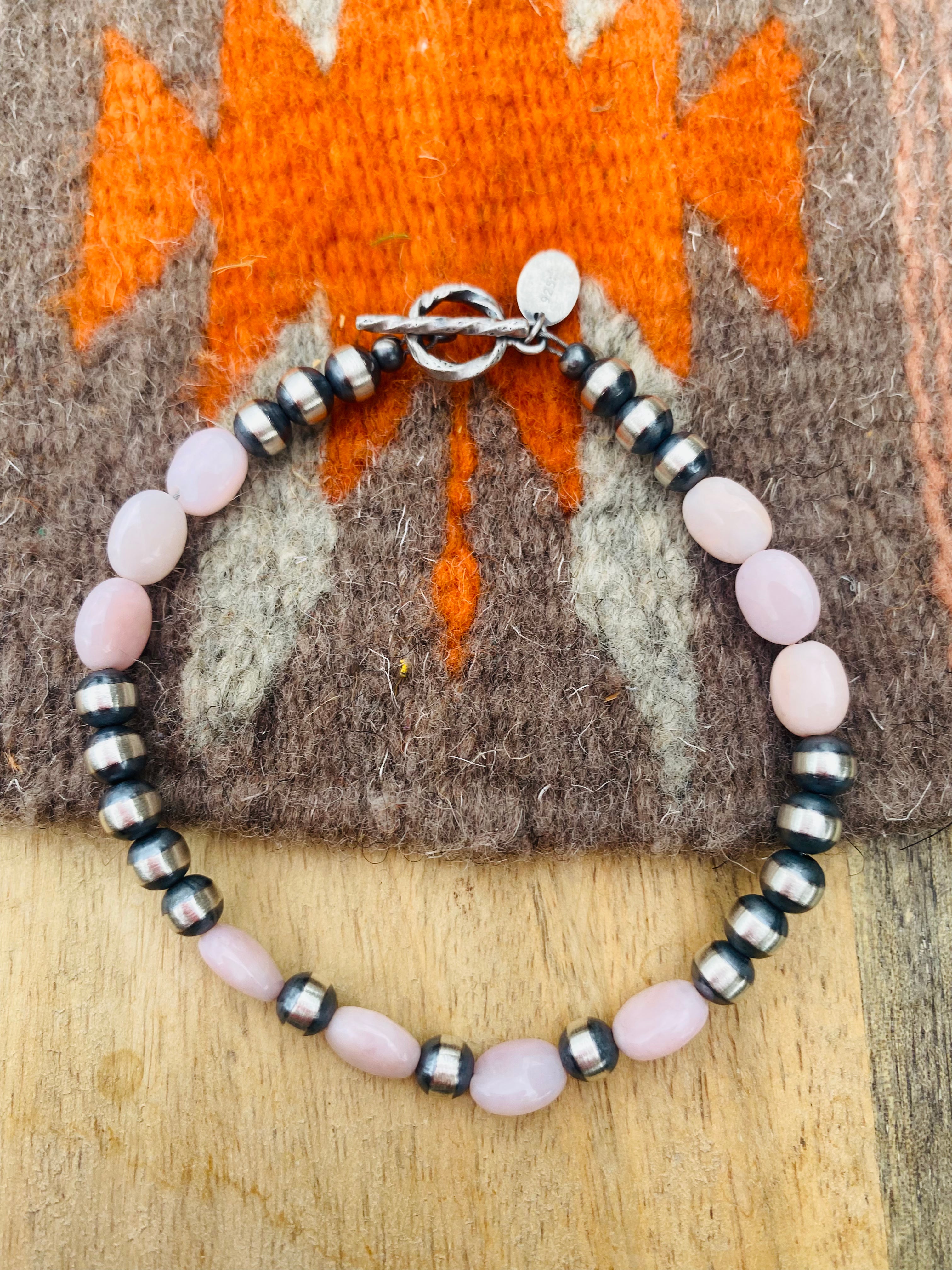 Navajo 5mm Sterling Silver Pearl & Pink Opal Beaded Bracelet