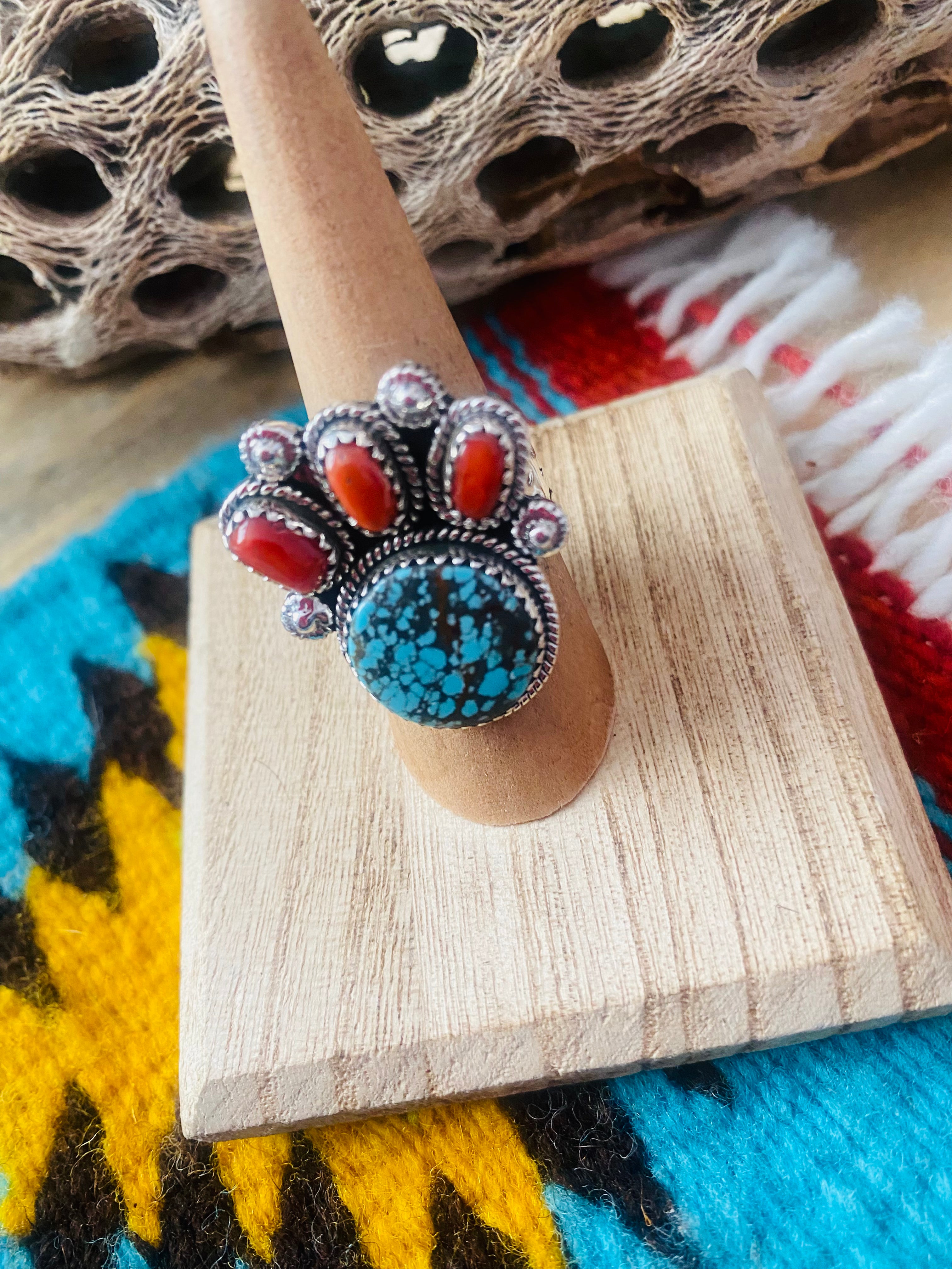 Handmade Sterling Silver, Coral & Number 8 Turquoise Adjustable Ring