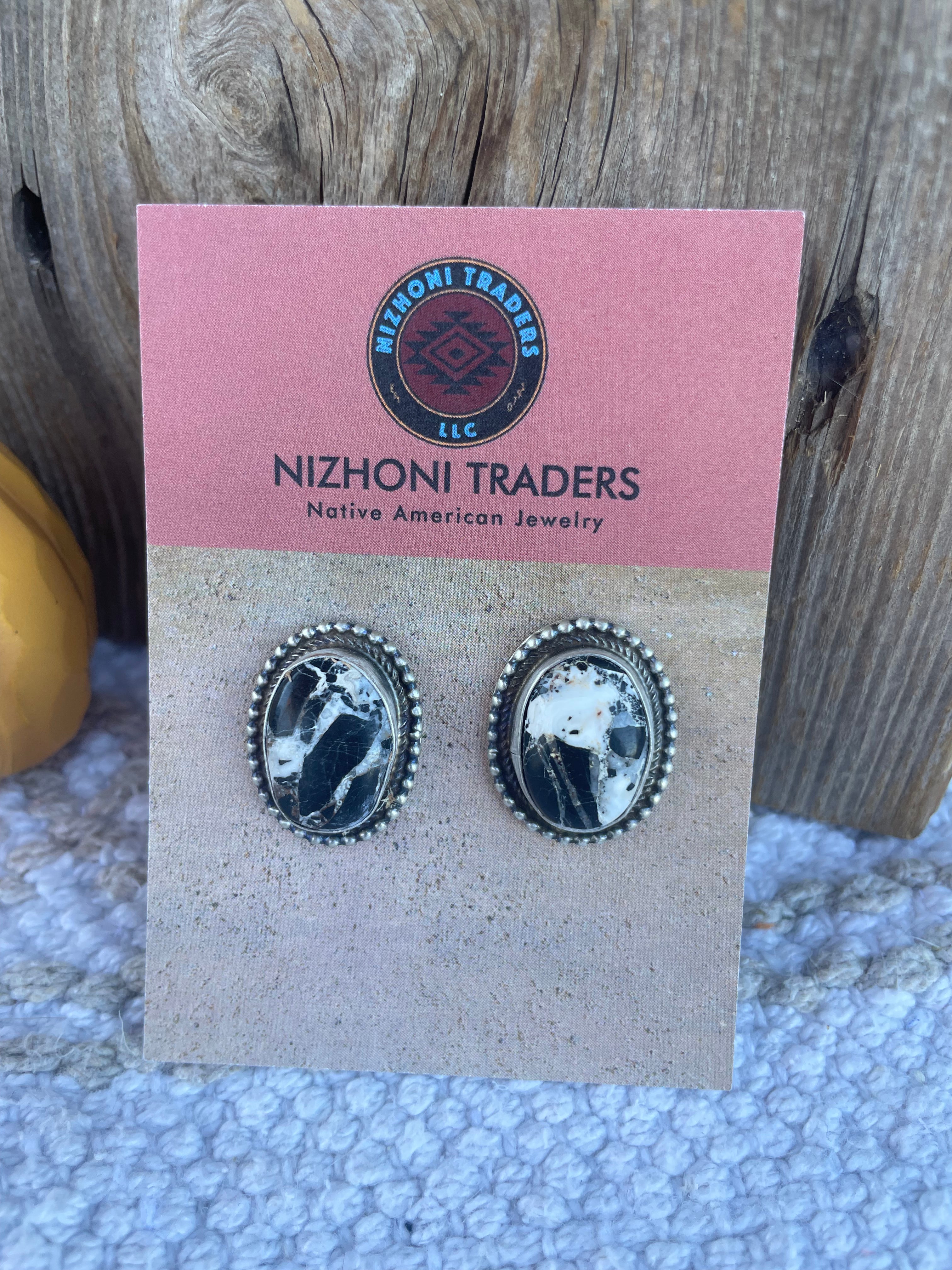 Navajo White Buffalo And Sterling Silver Post Earrings Signed