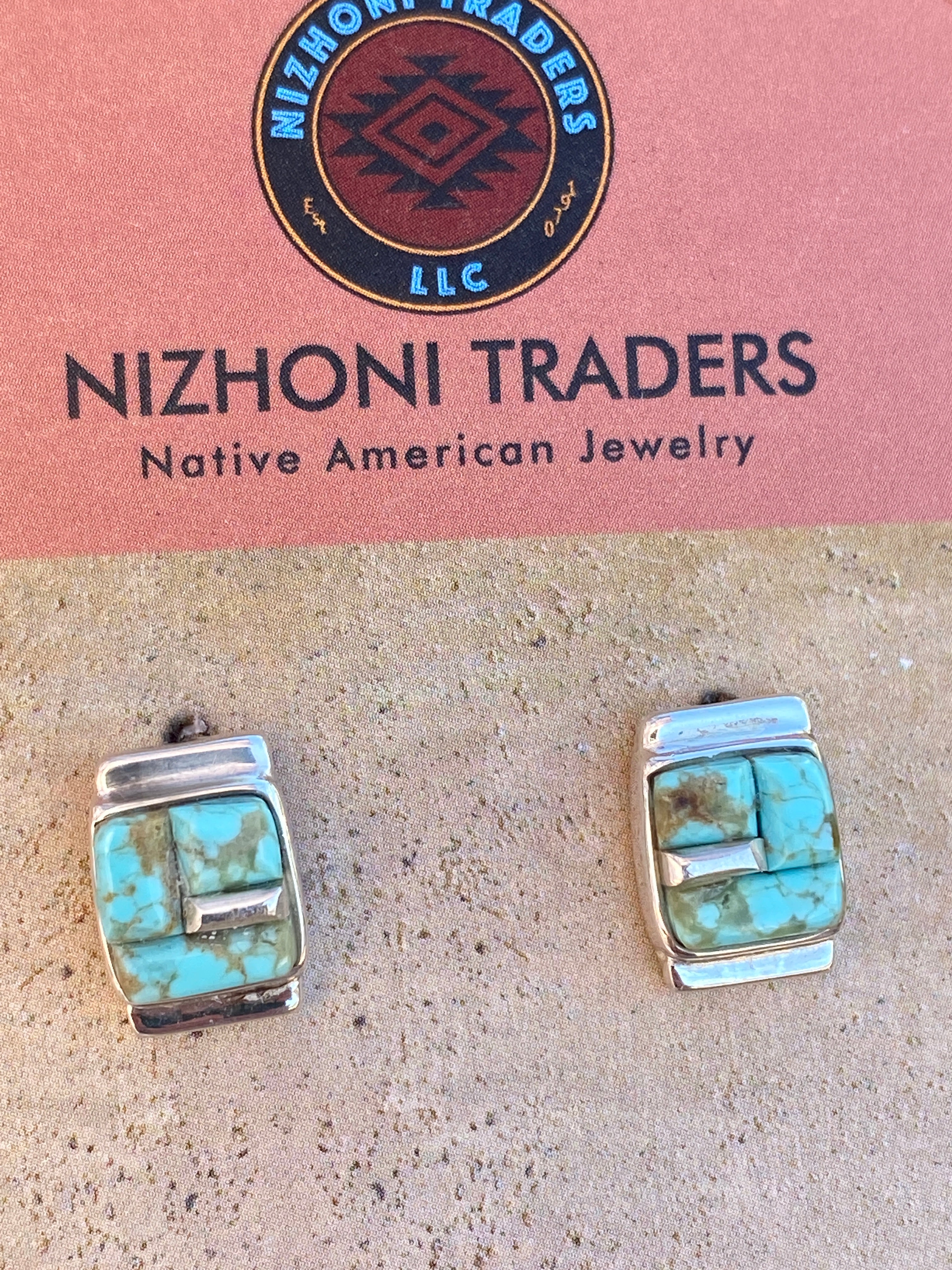 Navajo Turquoise 8 & Sterling Silver Rolled Rectangle Stud Earrings