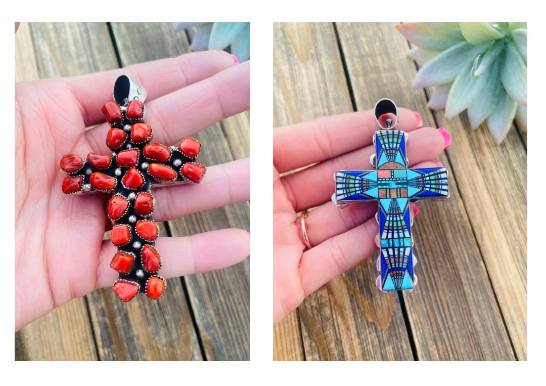 Navajo Multi Stone And Sterling Silver Two Sided Inlay Cross
