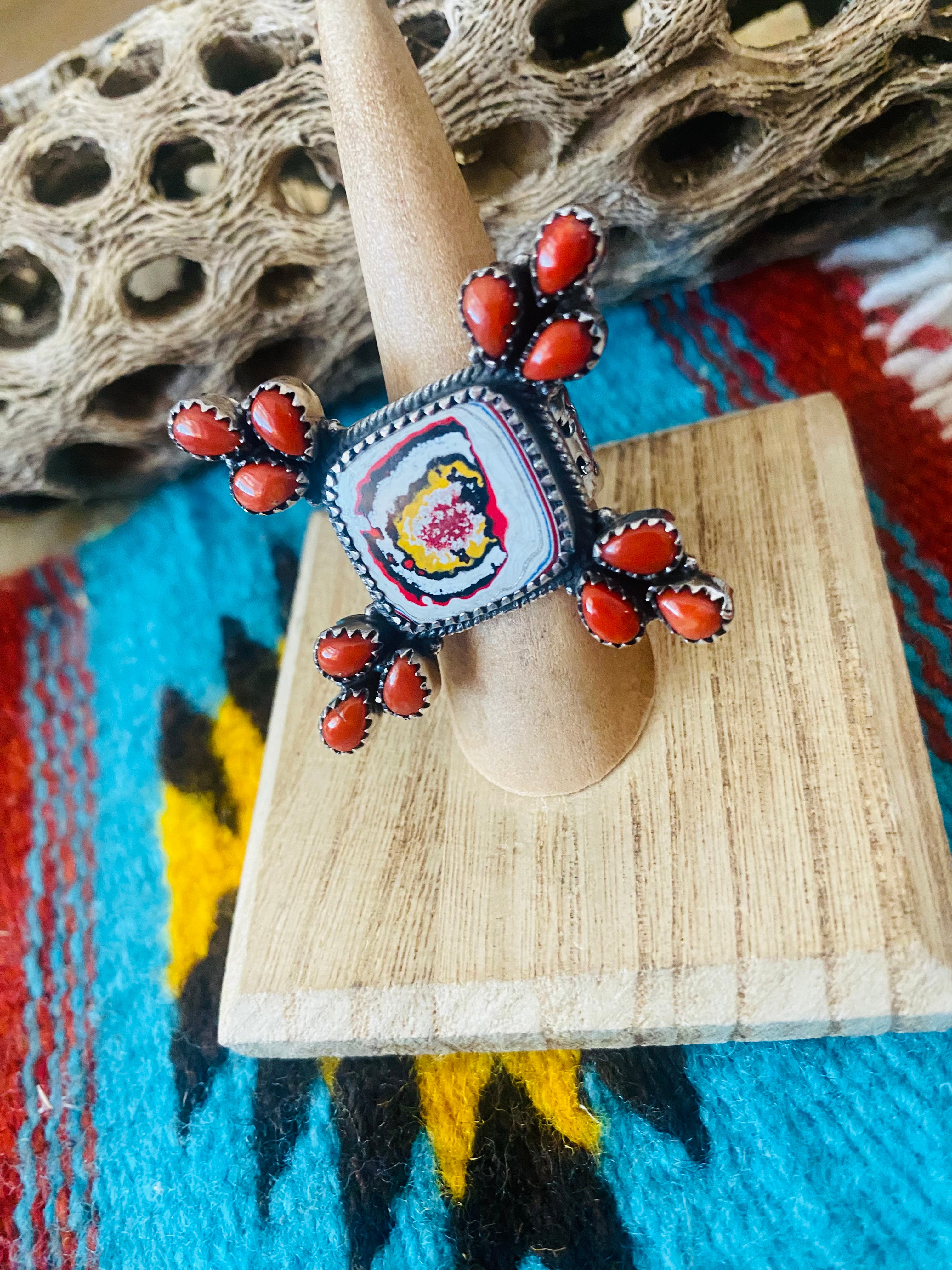 Handmade Sterling Silver, Fordite & Coral Cluster Adjustable Ring