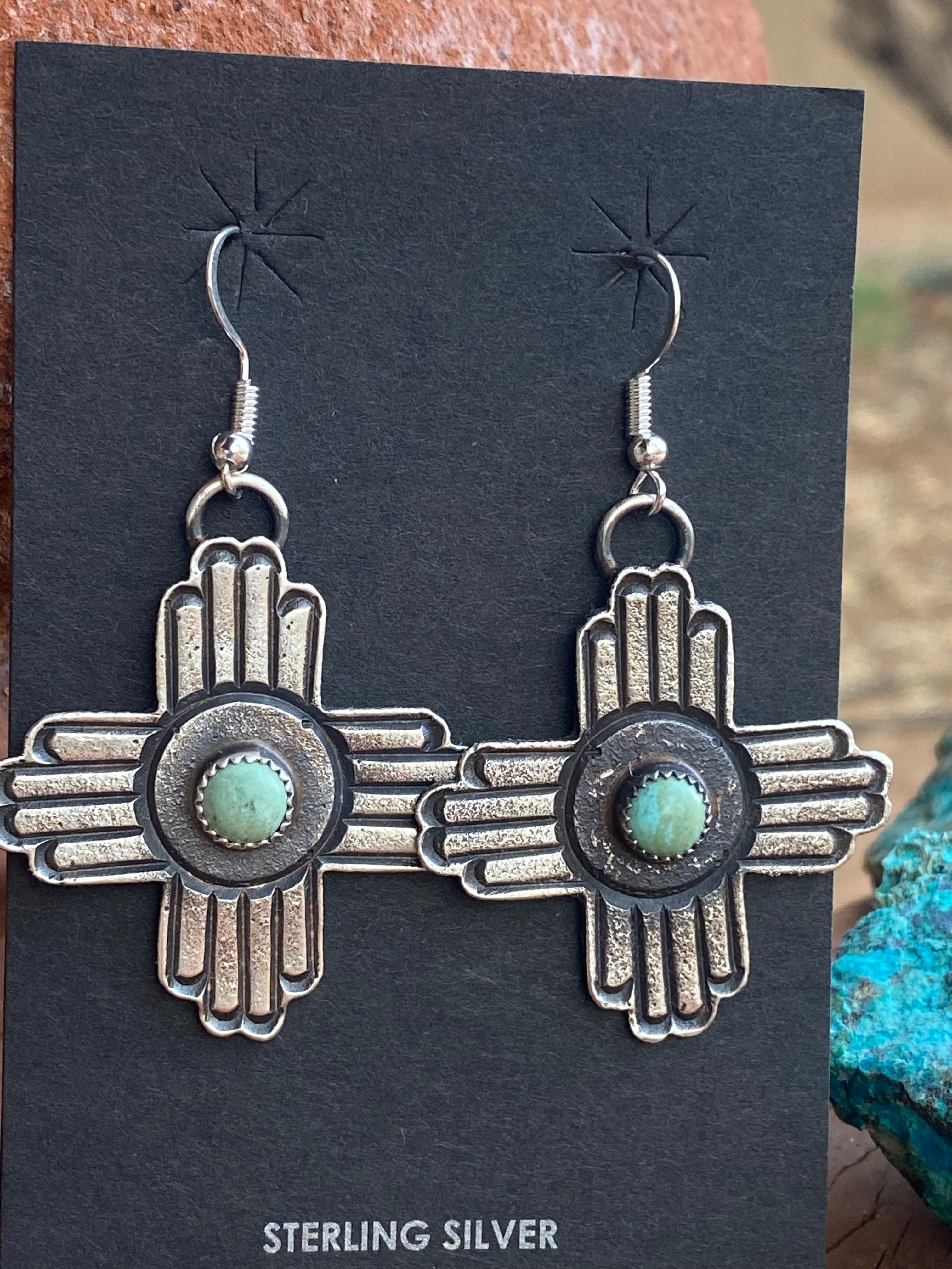 Navajo Turquoise & Sterling Silver Zia Dangle Earrings By Kevin Billah