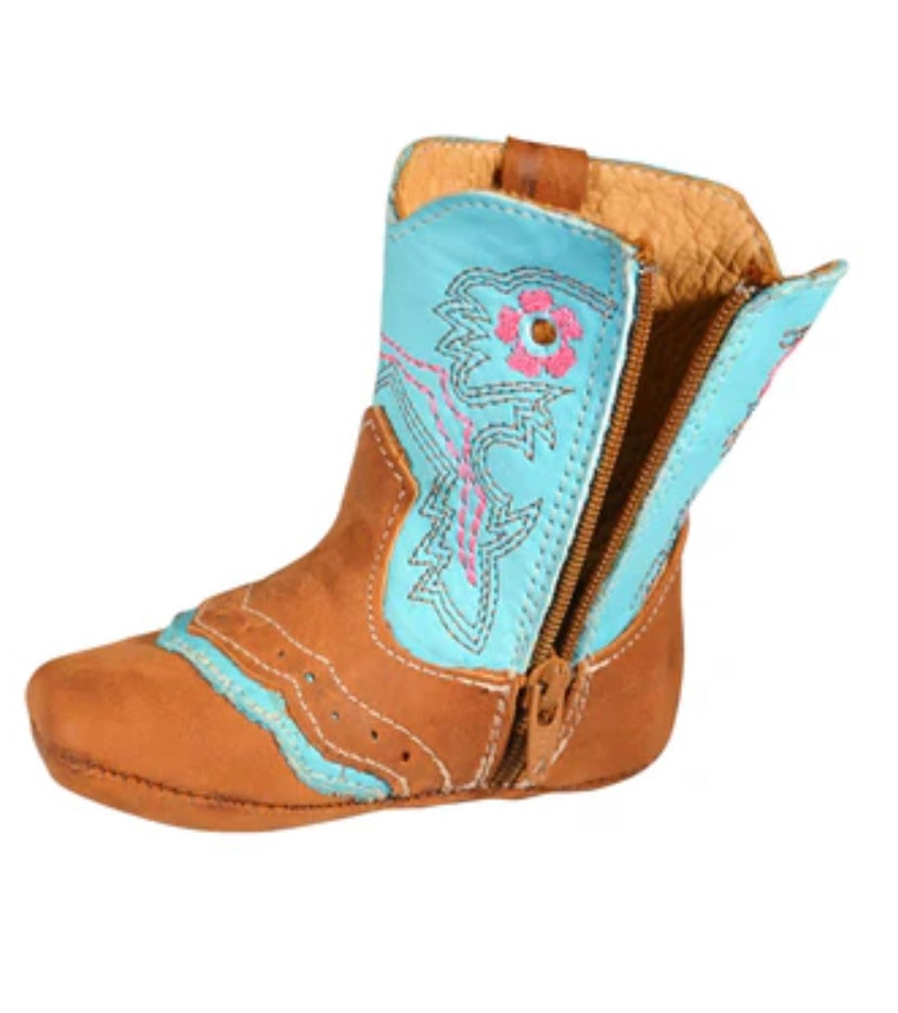 Western Leather infant Baby Boots Turquoise/ Brown