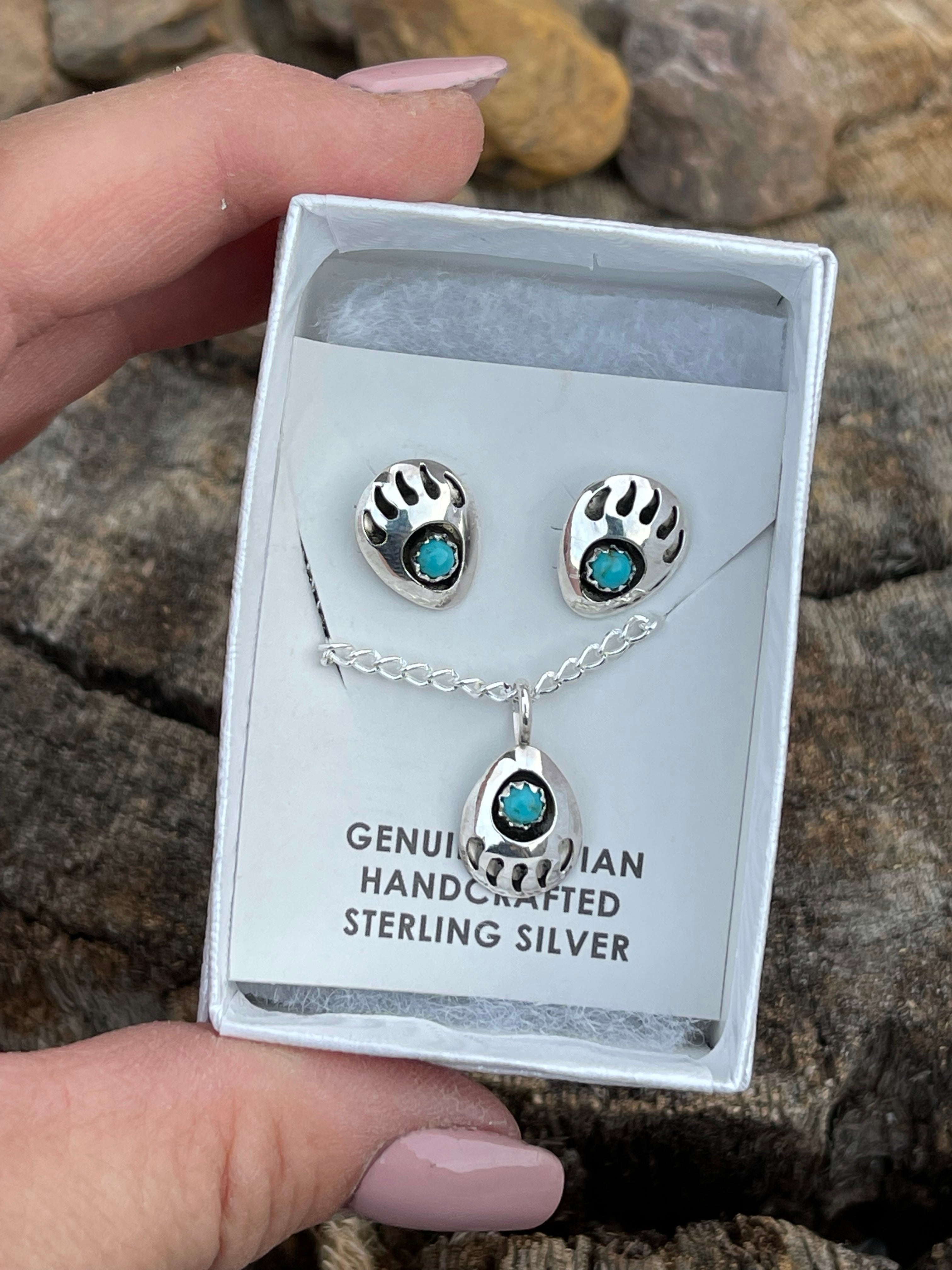 Navajo Sterling Silver Turquoise Bear Paw Set